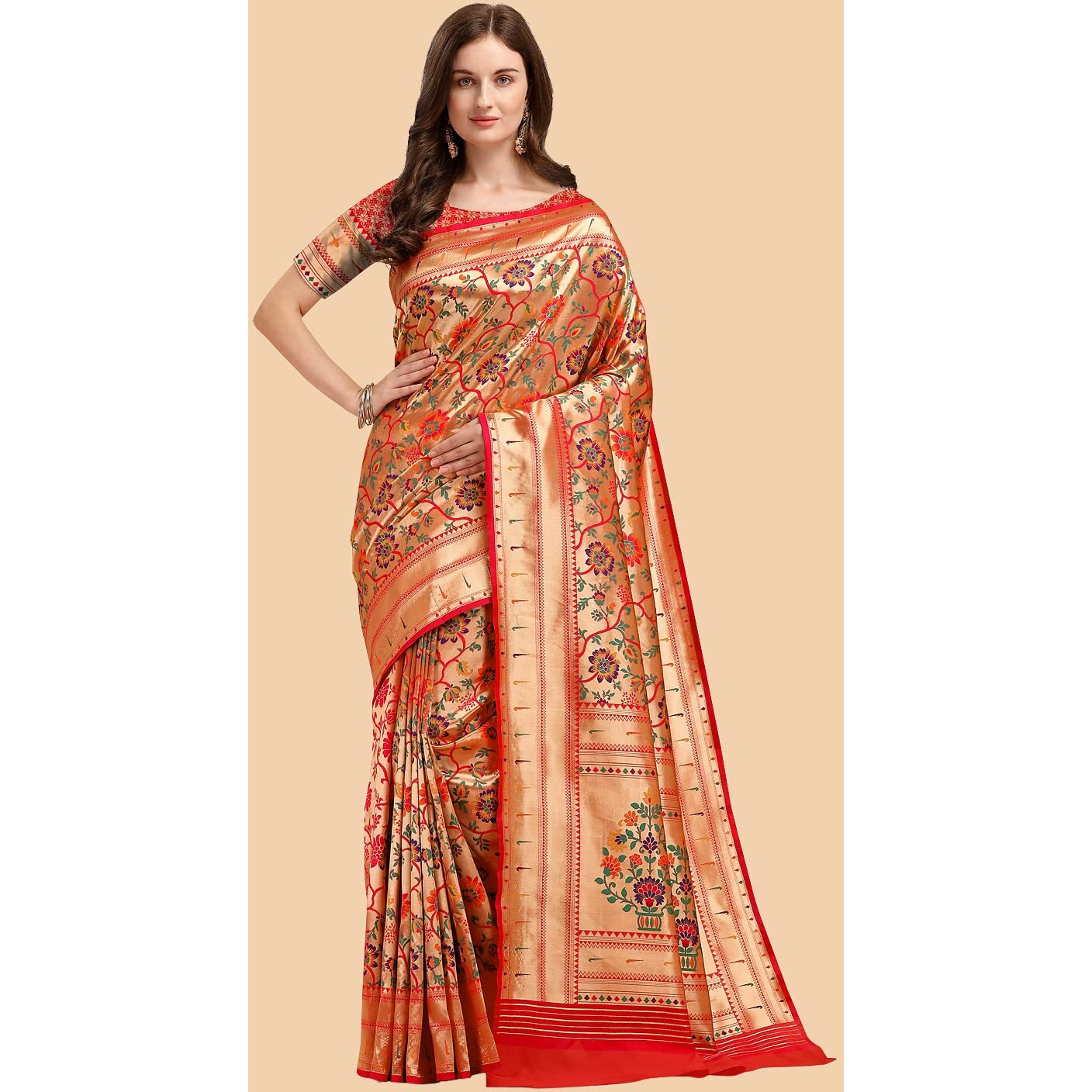 Jaanvi fashion Womens Silk With Zari Work Saree With Blouse Piece(tarang-paithani-red)