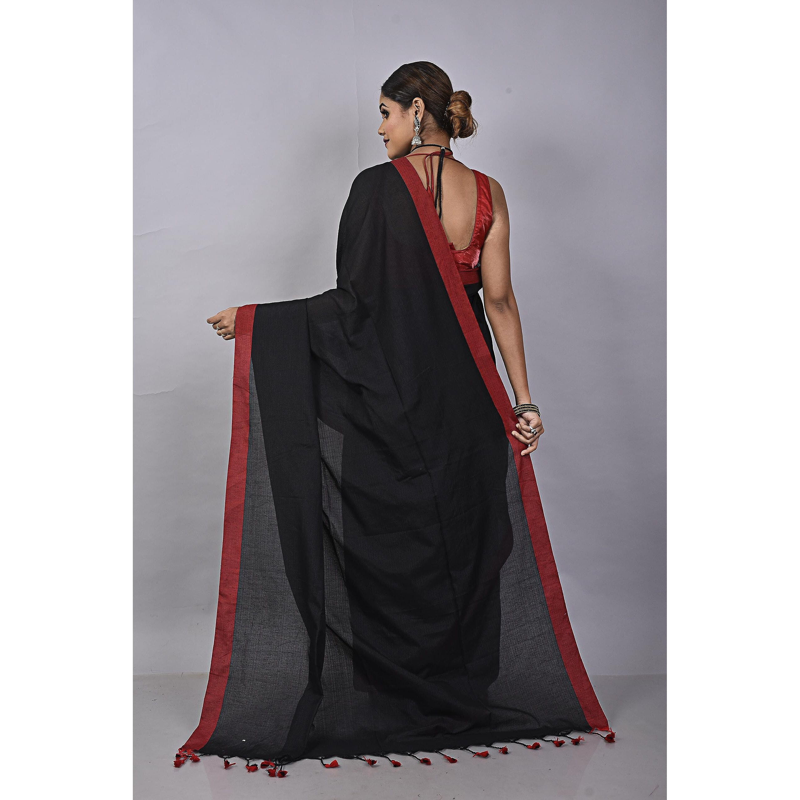 Laxmi Handloom Womens Traditional Bengal Handloom Pure Cotton Plain Saree (Black)