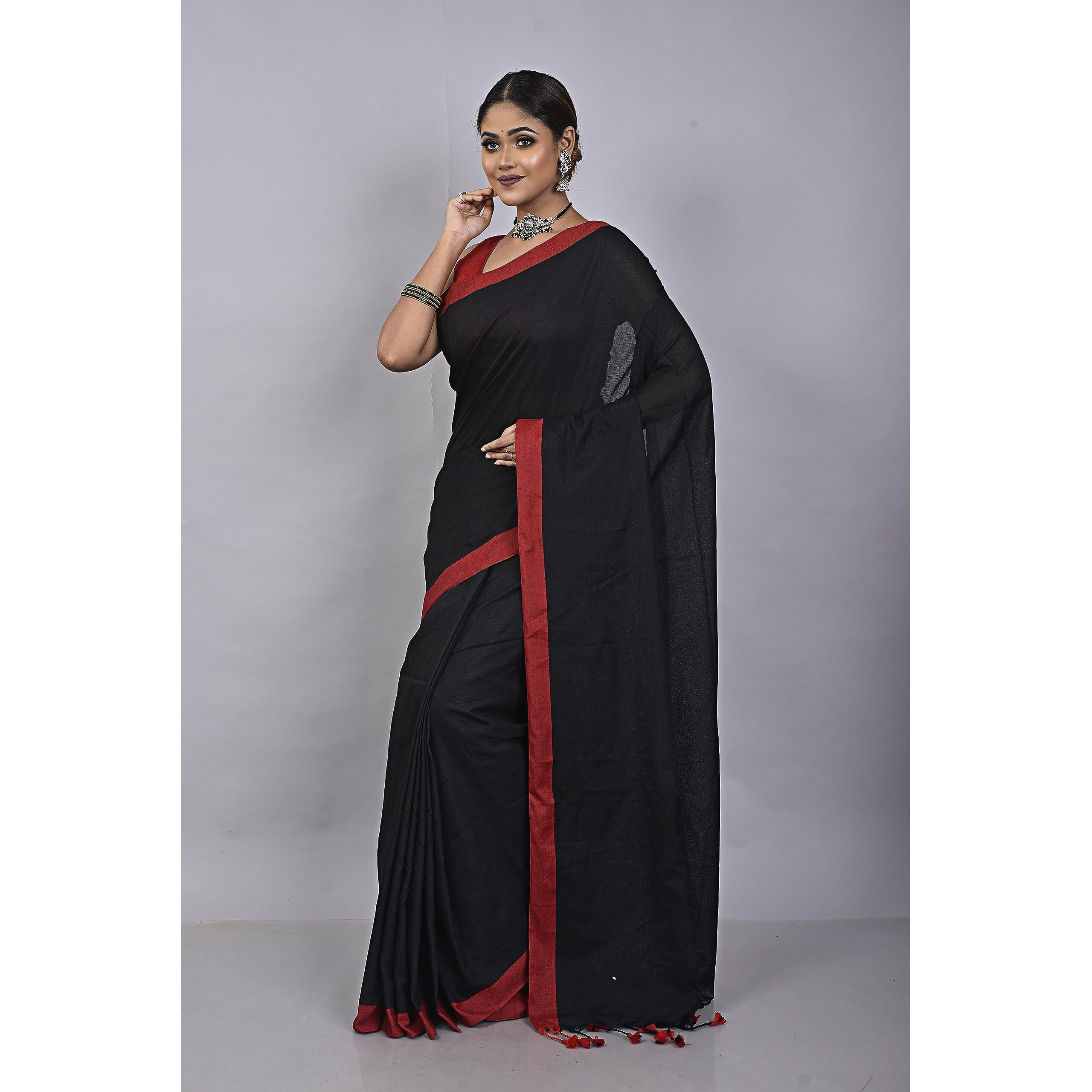 Laxmi Handloom Womens Traditional Bengal Handloom Pure Cotton Plain Saree (Black)