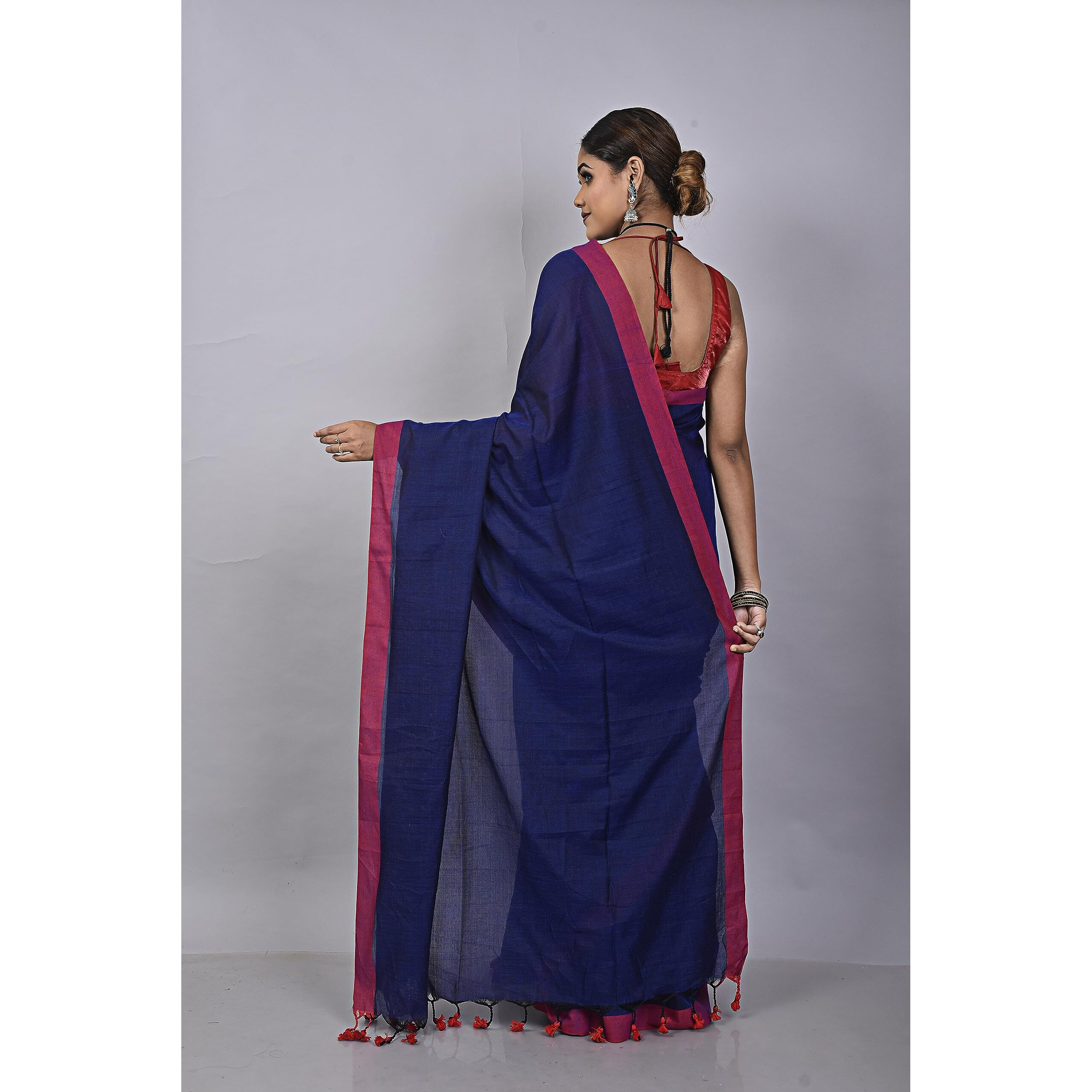 Laxmi Handloom Womens Traditional Bengal Handloom Pure Cotton Plain Saree (Blue & Red)