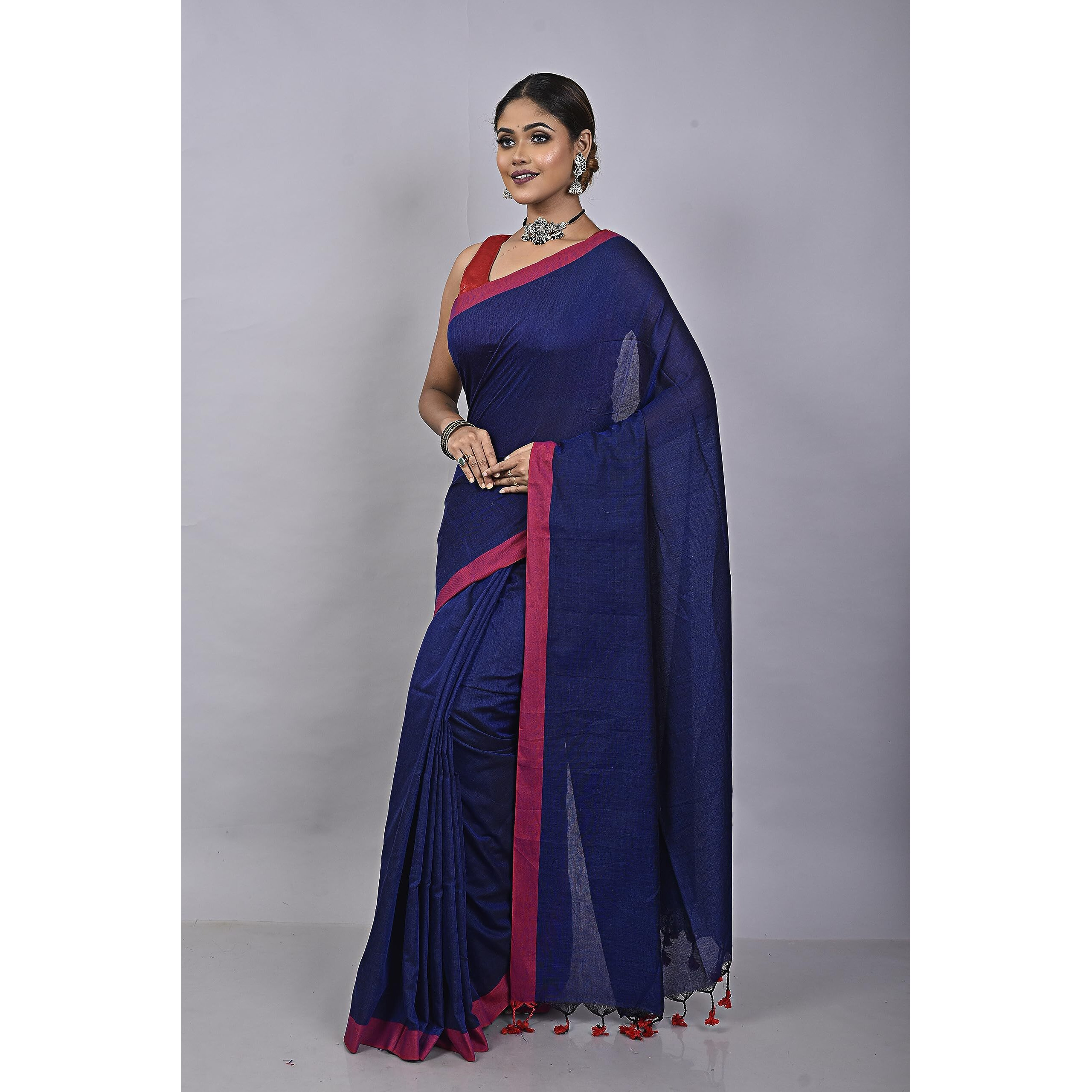 Laxmi Handloom Womens Traditional Bengal Handloom Pure Cotton Plain Saree (Blue & Red)