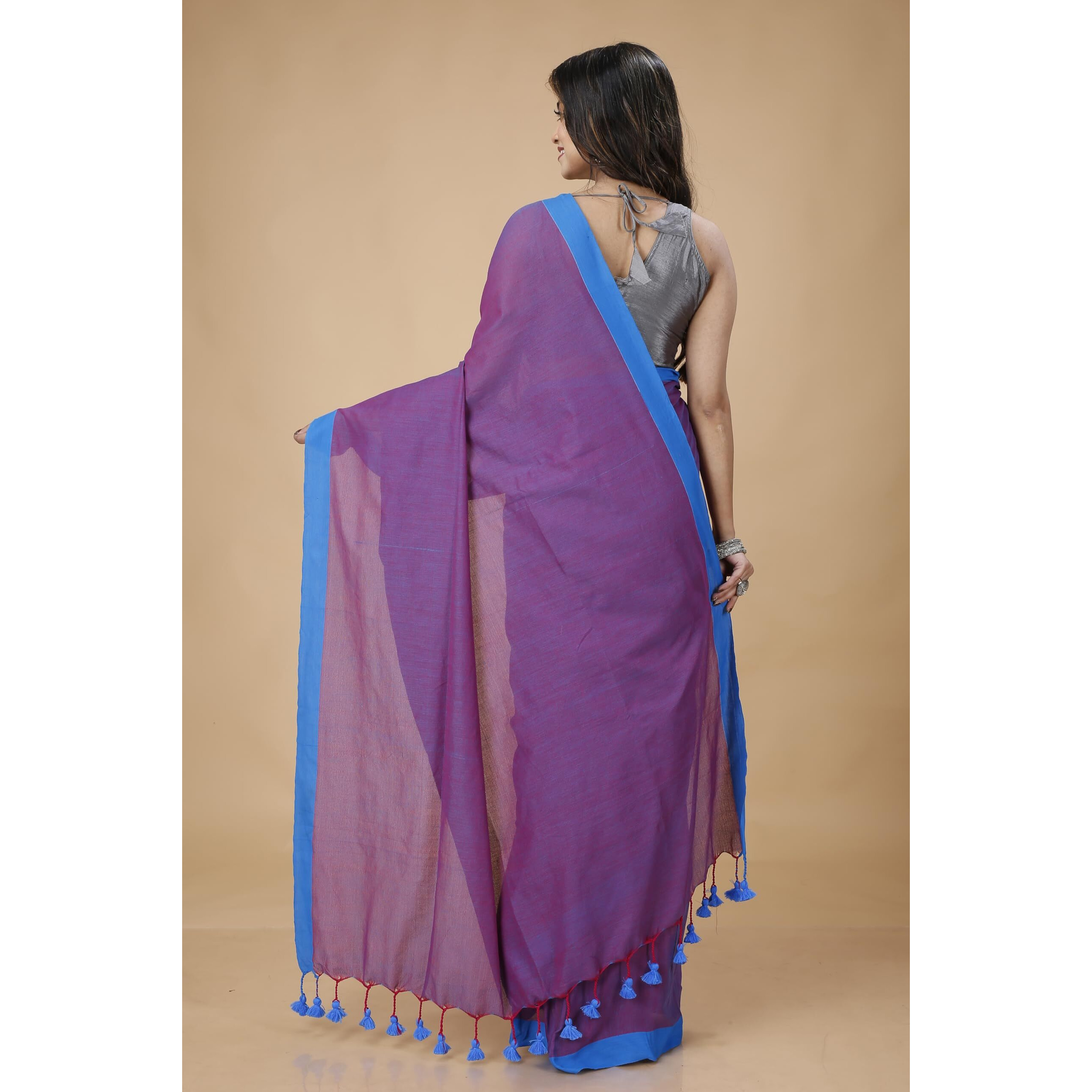 Laxmi Handloom Womens Traditional Bengal Handloom Pure Cotton Plain Saree (Violet and Blue)