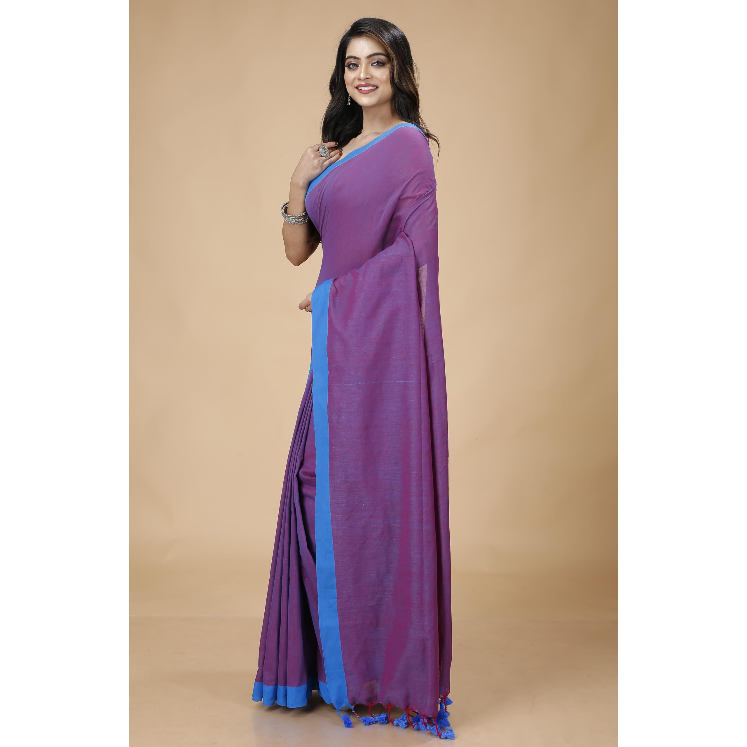Laxmi Handloom Womens Traditional Bengal Handloom Pure Cotton Plain Saree (Violet and Blue)
