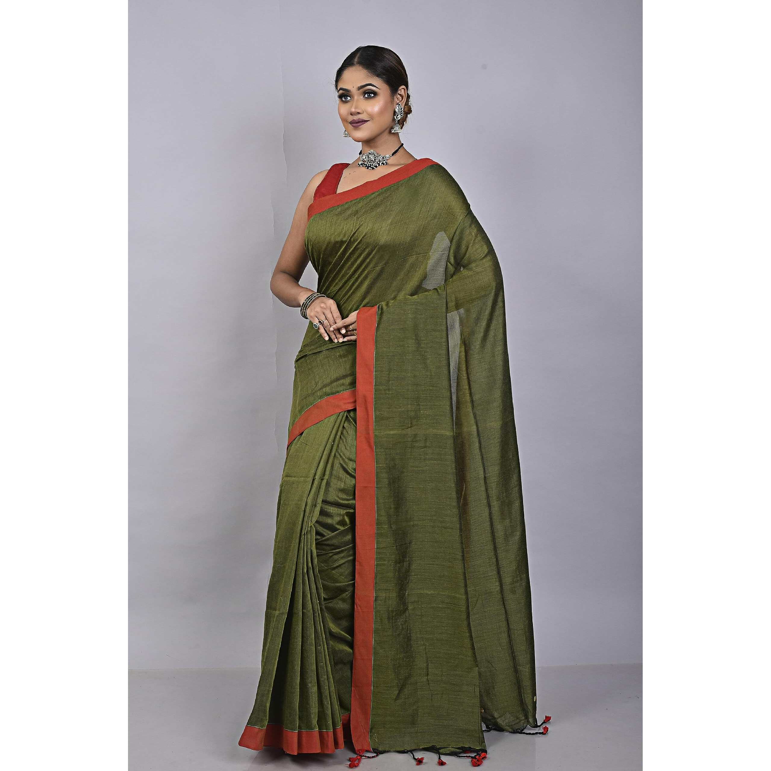 Laxmi Handloom Womens Traditional Bengal Handloom Pure Cotton Plain Saree (Pista Green)