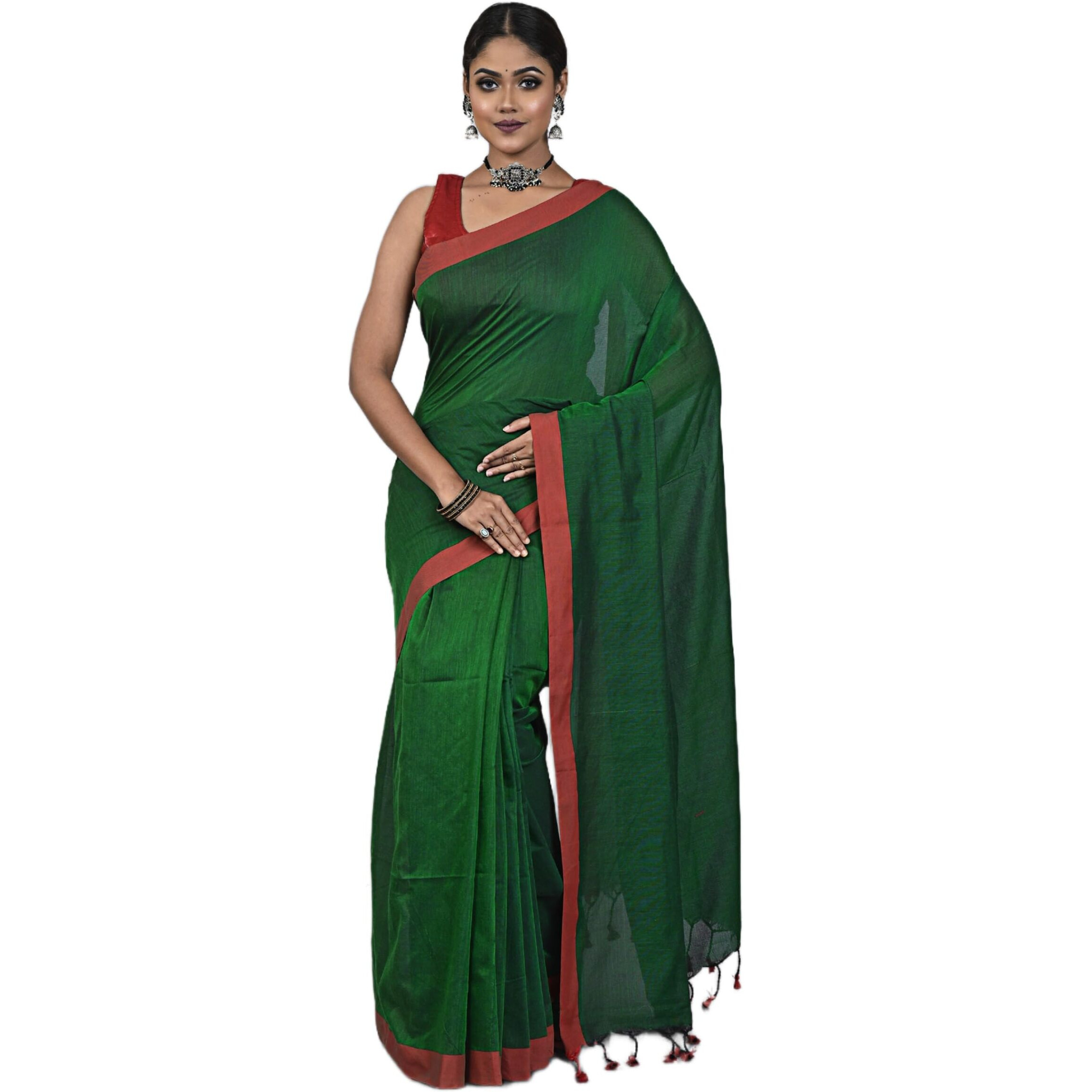 Laxmi Handloom Womens Traditional Bengal Handloom Pure Cotton Plain Saree (Bottle Green)