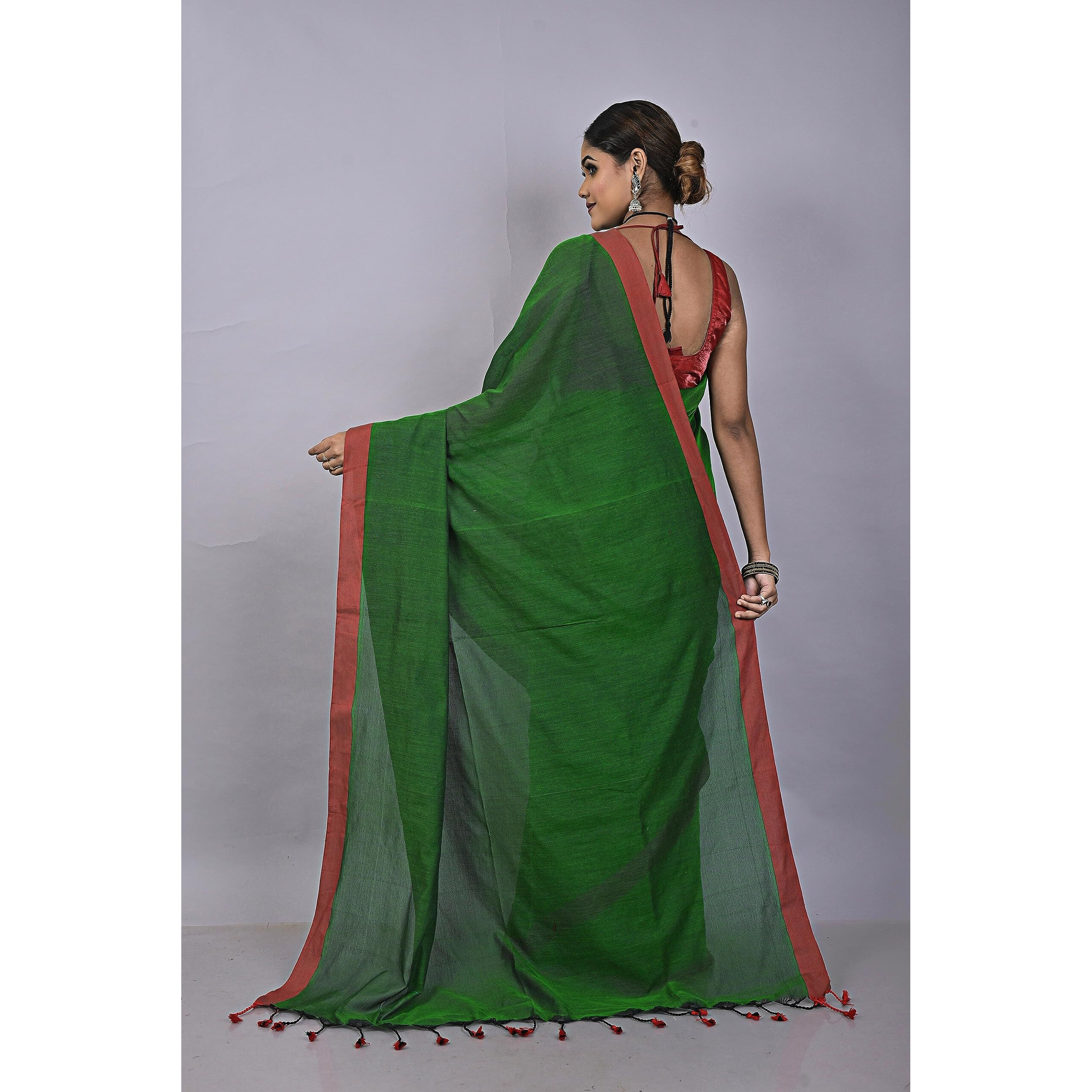 Laxmi Handloom Womens Traditional Bengal Handloom Pure Cotton Plain Saree (Bottle Green)