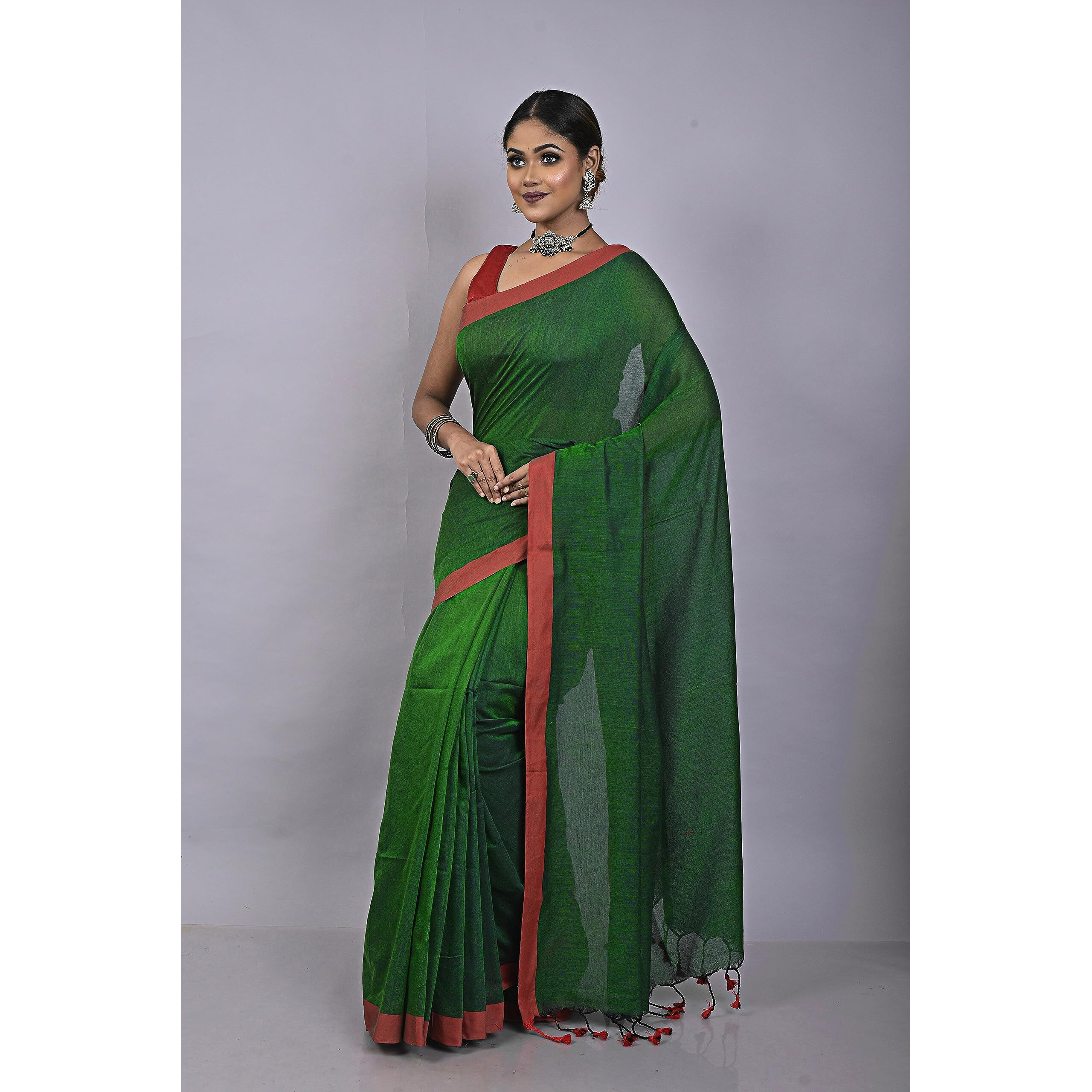 Laxmi Handloom Womens Traditional Bengal Handloom Pure Cotton Plain Saree (Bottle Green)