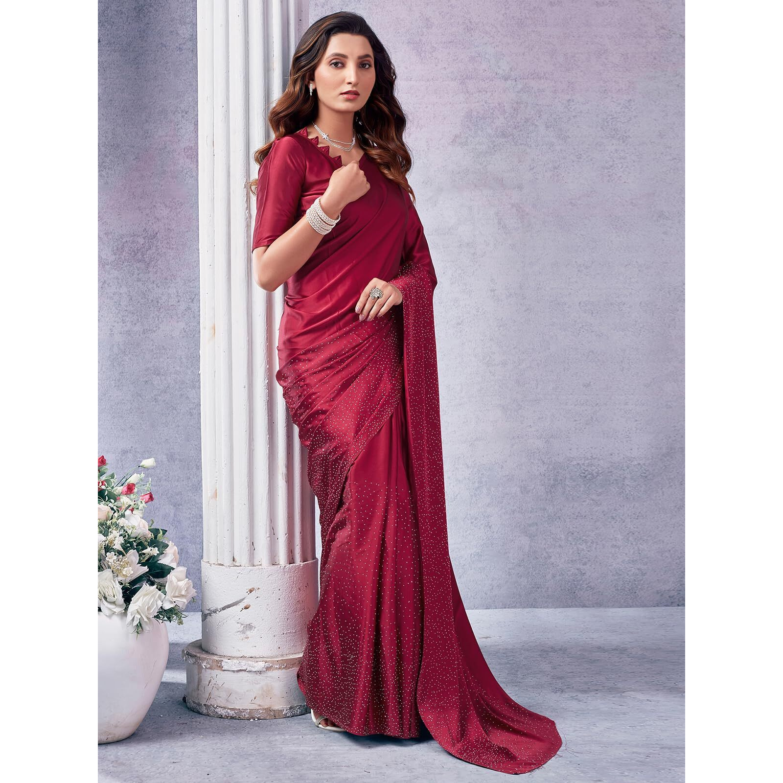 Satrani Womens Satin Saree (3111S417N_Dark Maroon4)