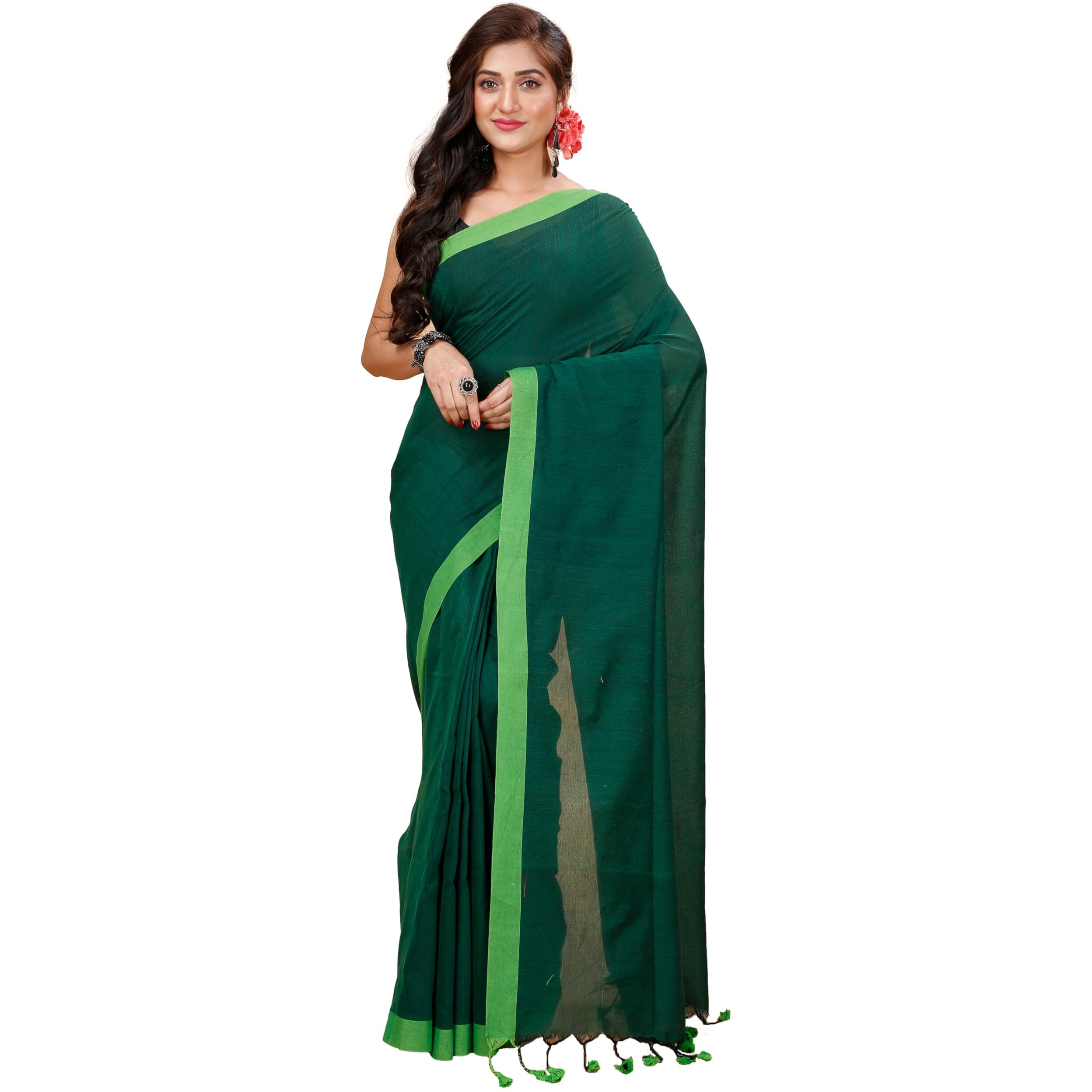 Laxmi Handloom Womens Traditional Bengal Handloom Pure Cotton Plain Saree (Bottle Green 2)