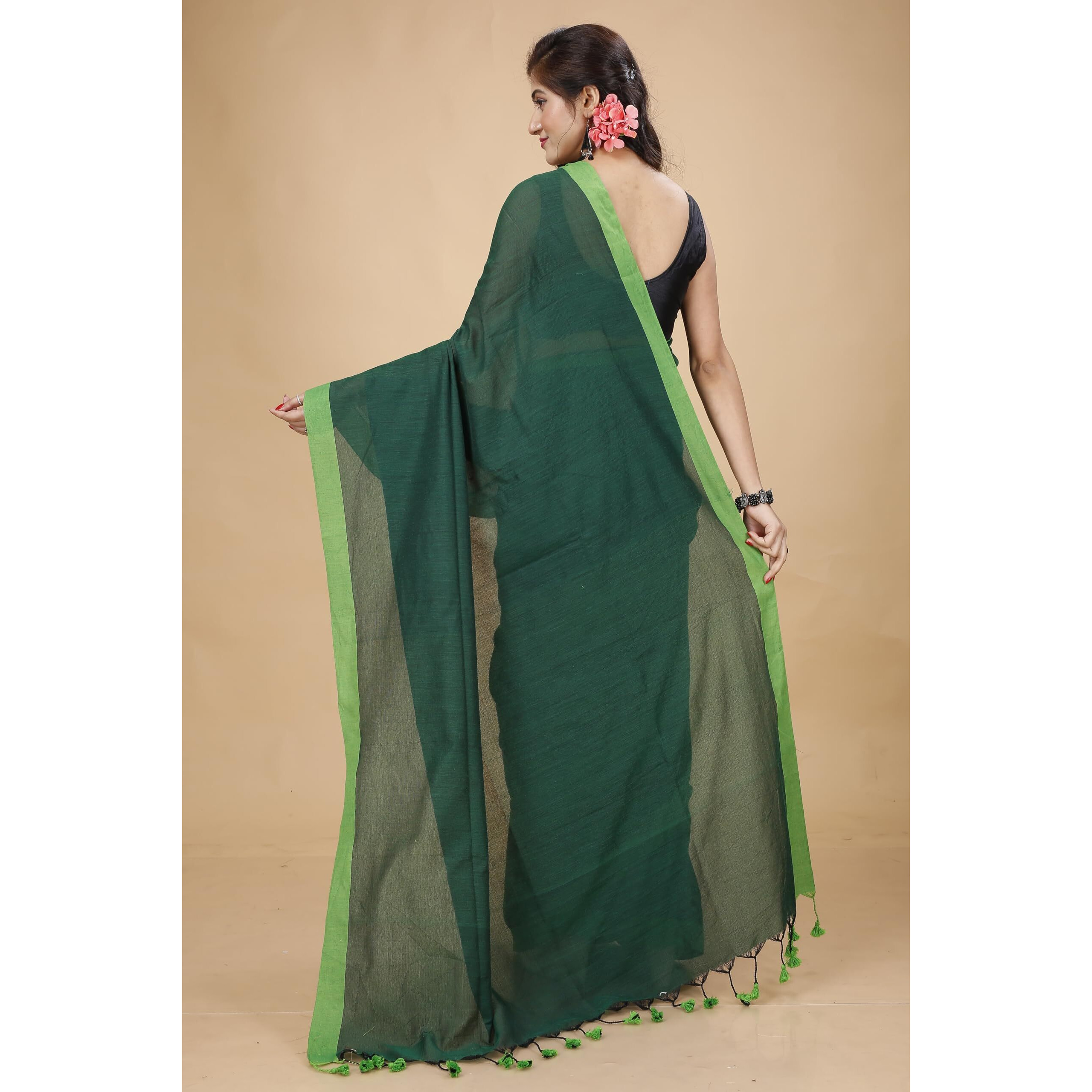 Laxmi Handloom Womens Traditional Bengal Handloom Pure Cotton Plain Saree (Bottle Green 2)