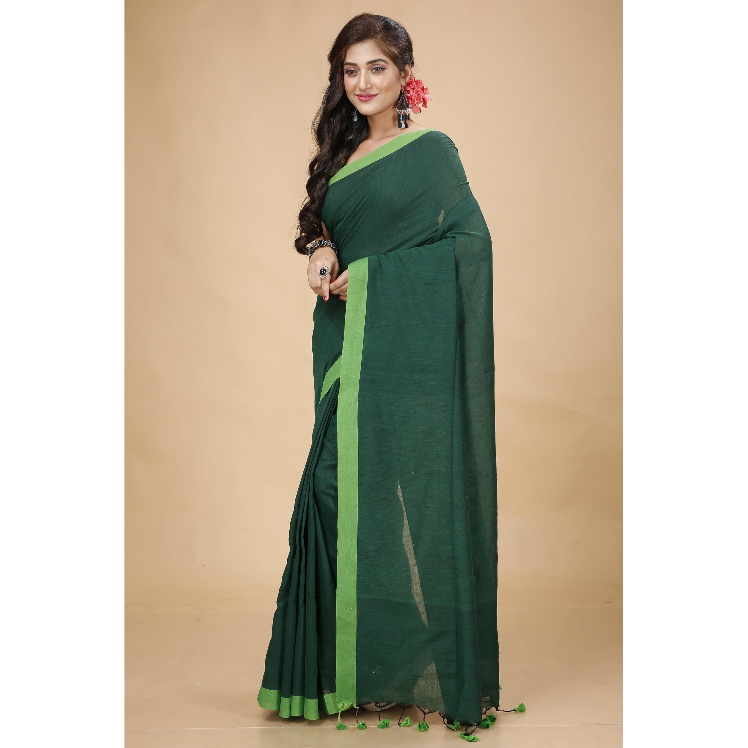 Laxmi Handloom Womens Traditional Bengal Handloom Pure Cotton Plain Saree (Bottle Green 2)