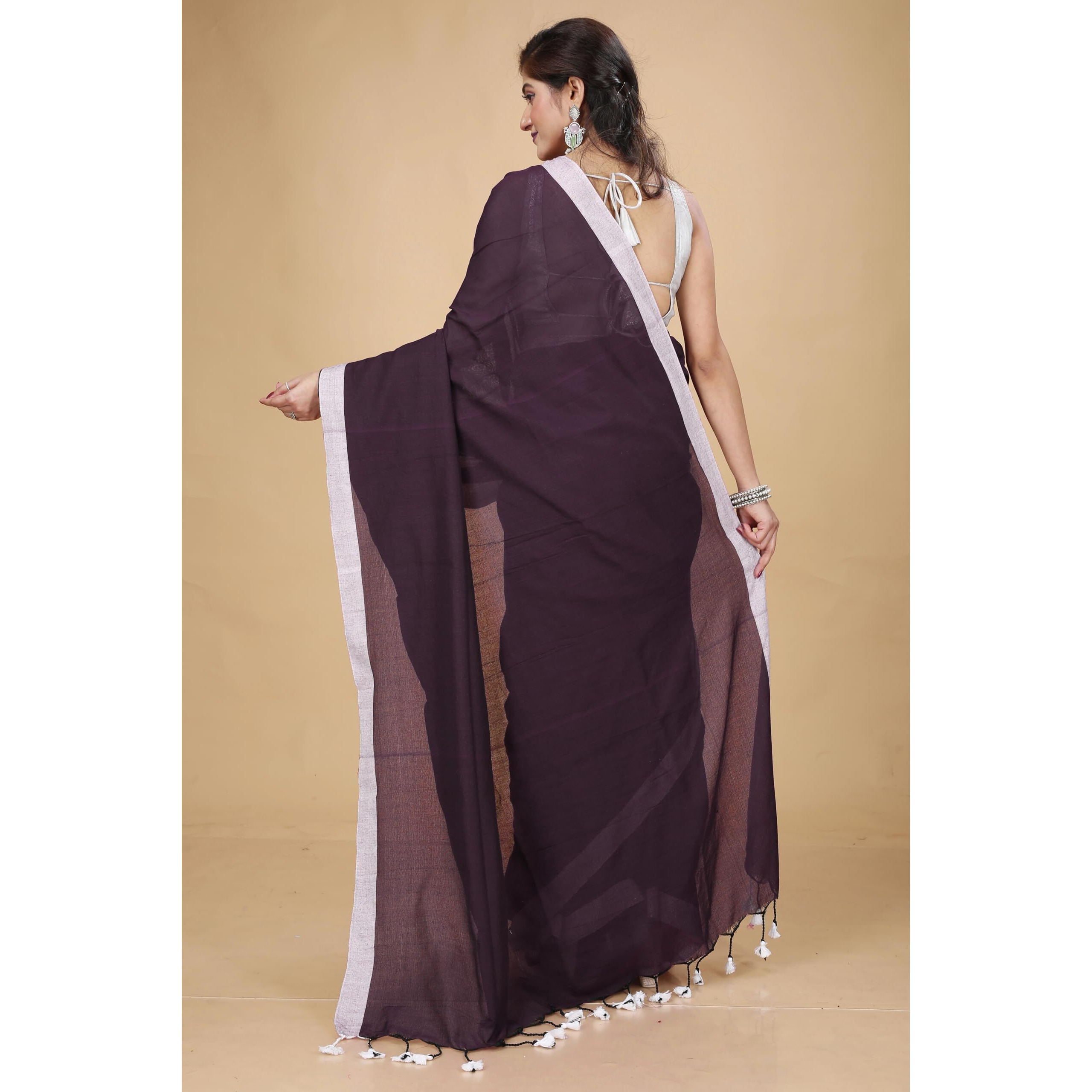 Laxmi Handloom Womens Traditional Bengal Handloom Pure Cotton Plain Saree (Dark Brown)