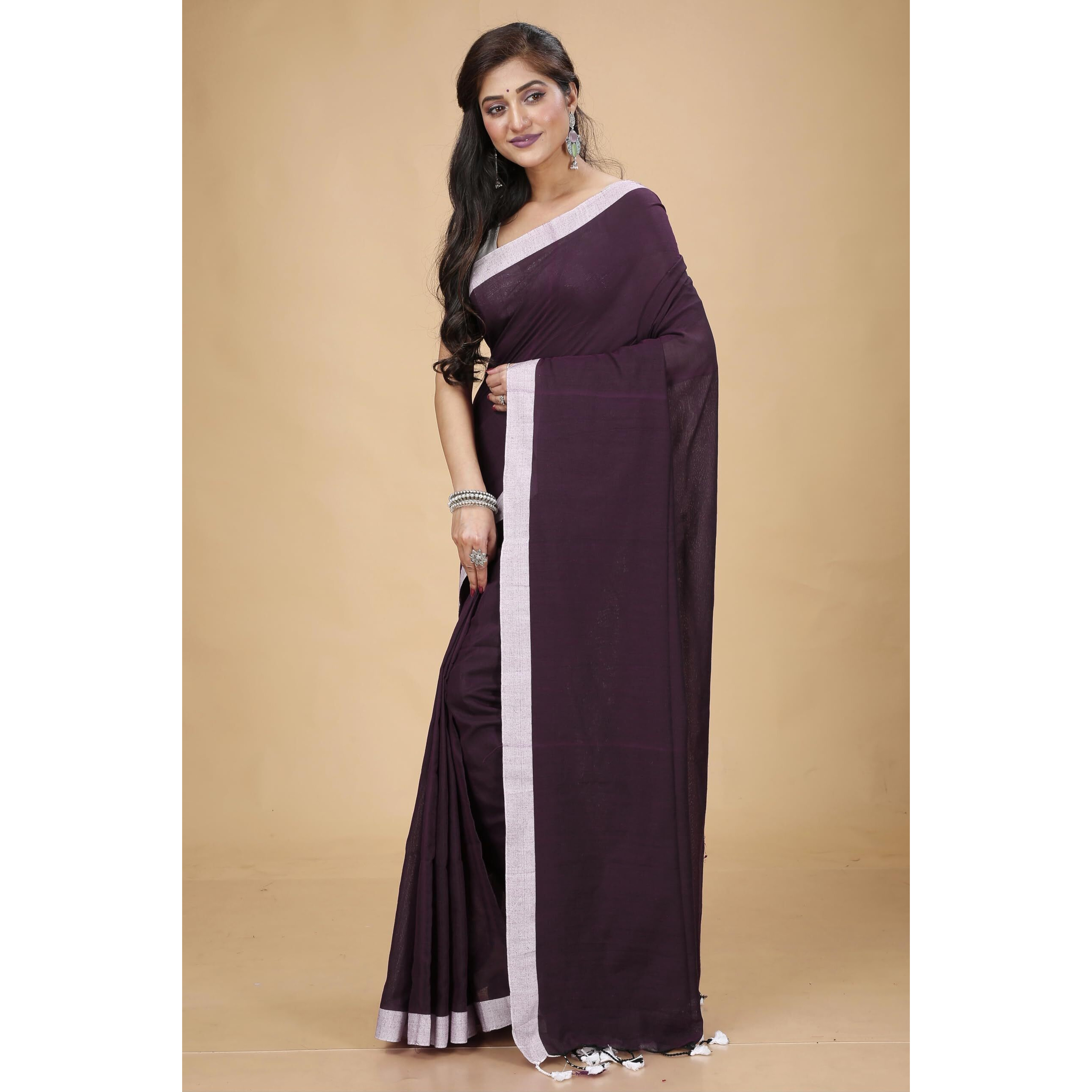 Laxmi Handloom Womens Traditional Bengal Handloom Pure Cotton Plain Saree (Dark Brown)
