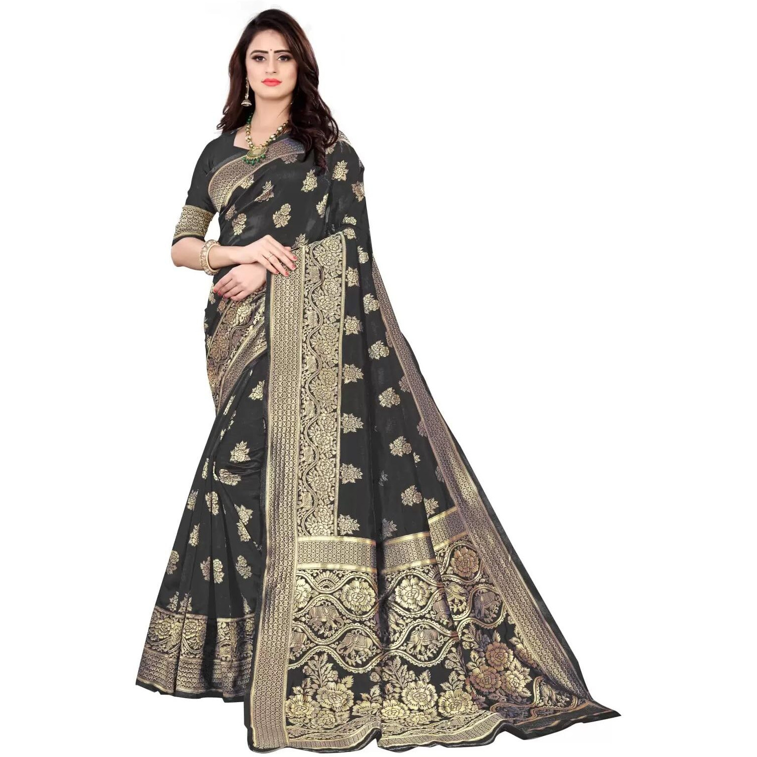 Sugathari Womens Banarasi Saree Pure Kanjivaram Silk Saree Soft new ladies 2023 Design Wear Pattu Sarees Latest Cotton Party Sari collections With Blouse Piece for Wedding sadi (PARI 63 BLACK)
