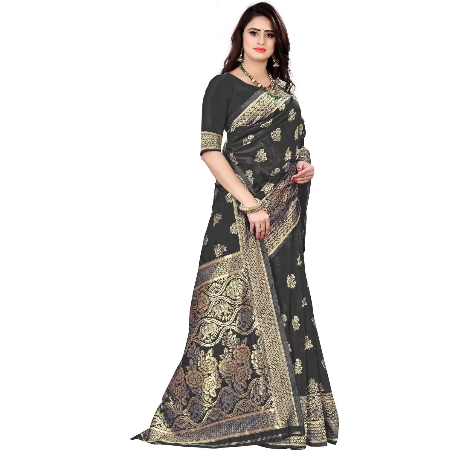 Sugathari Womens Banarasi Saree Pure Kanjivaram Silk Saree Soft new ladies 2023 Design Wear Pattu Sarees Latest Cotton Party Sari collections With Blouse Piece for Wedding sadi (PARI 63 BLACK)