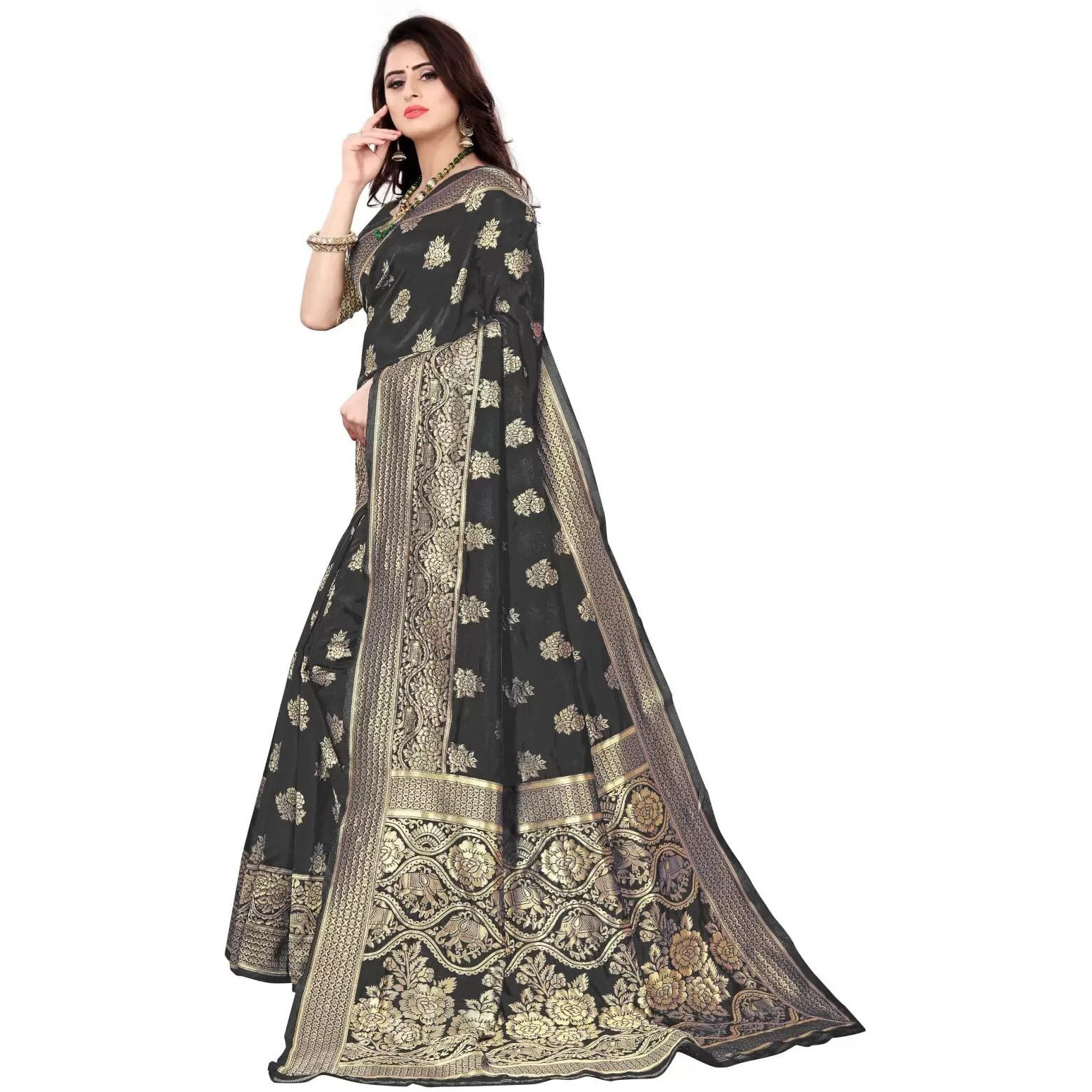 Sugathari Womens Banarasi Saree Pure Kanjivaram Silk Saree Soft new ladies 2023 Design Wear Pattu Sarees Latest Cotton Party Sari collections With Blouse Piece for Wedding sadi (PARI 63 BLACK)