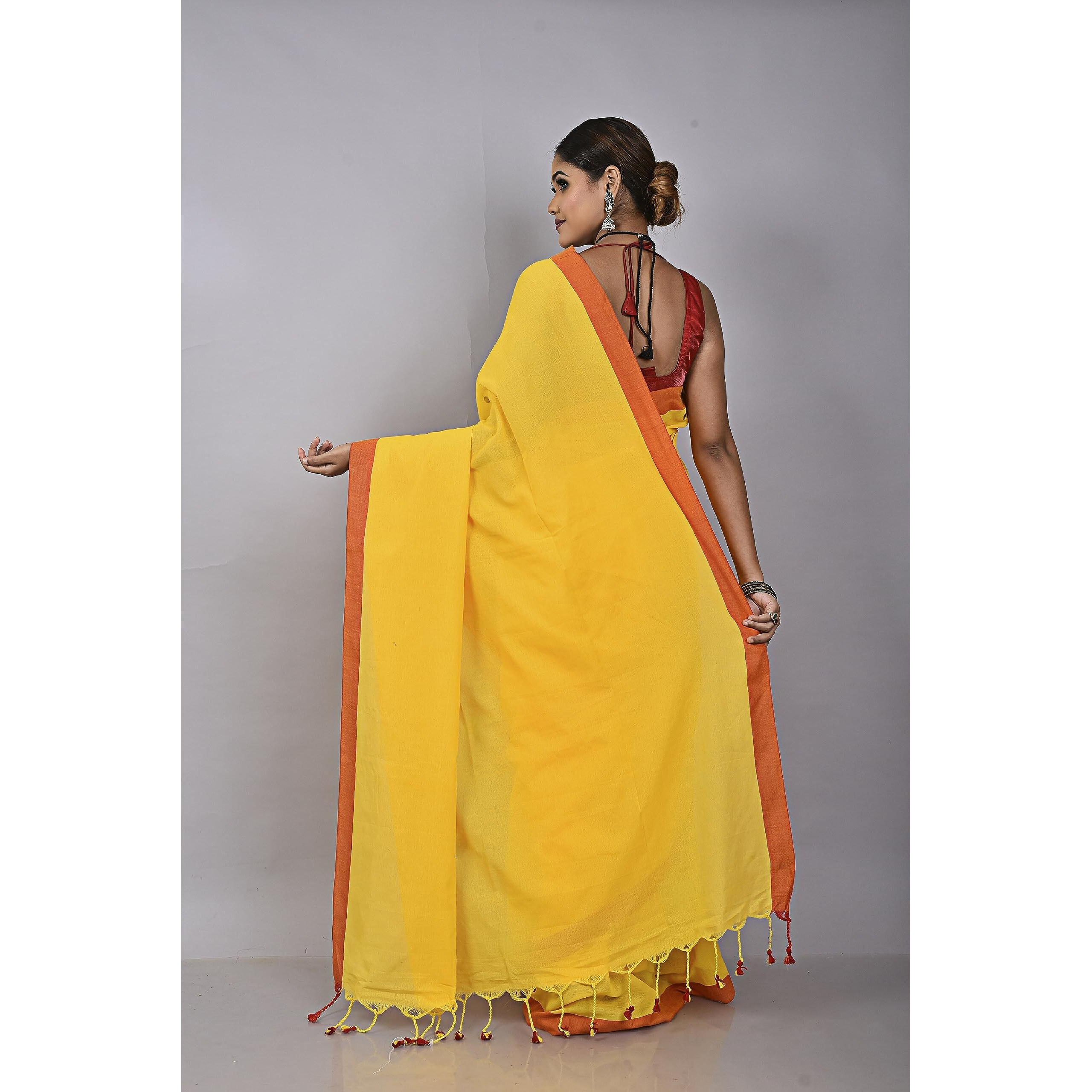 Laxmi Handloom Womens Traditional Bengal Handloom Pure Cotton Plain Saree (Yellow)