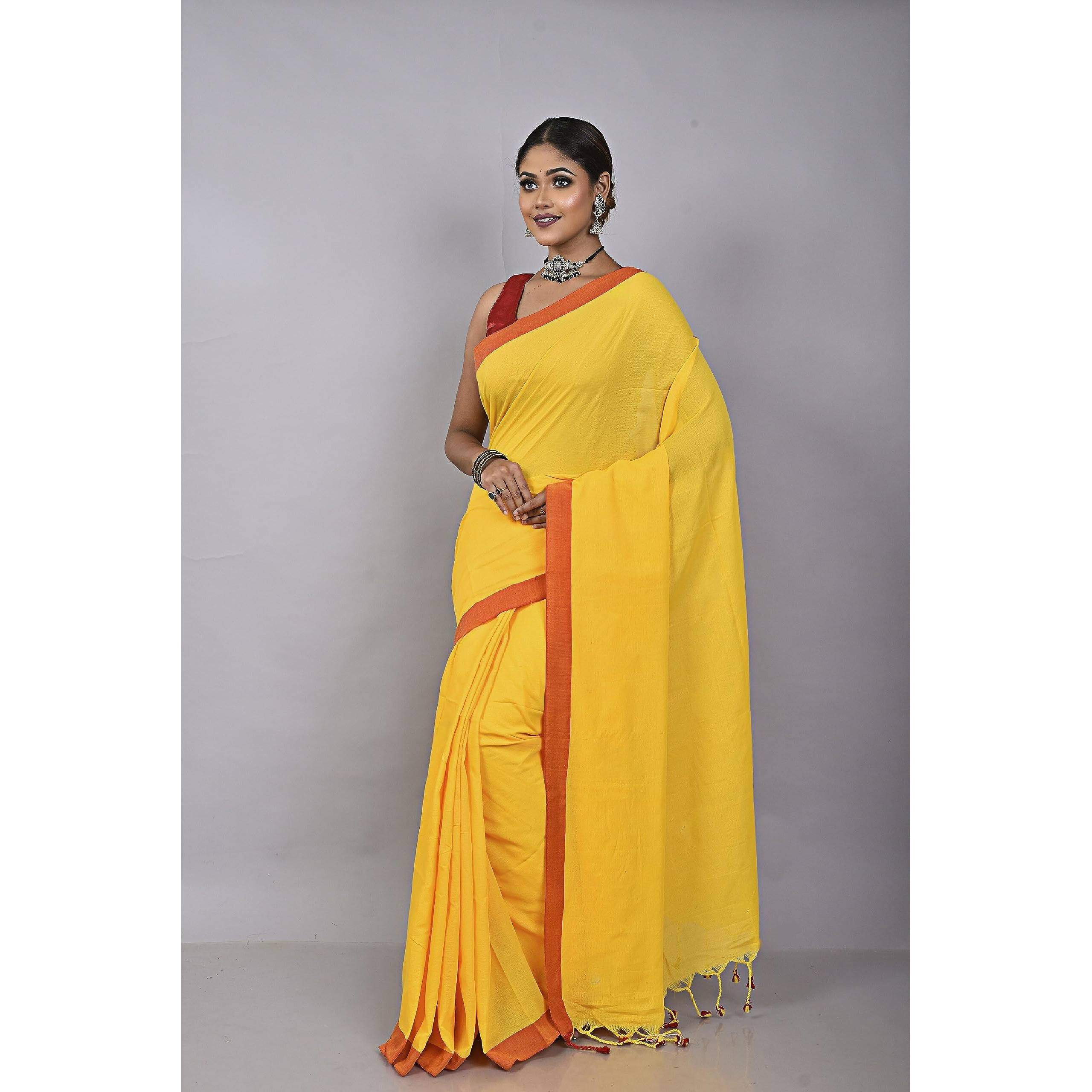 Laxmi Handloom Womens Traditional Bengal Handloom Pure Cotton Plain Saree (Yellow)