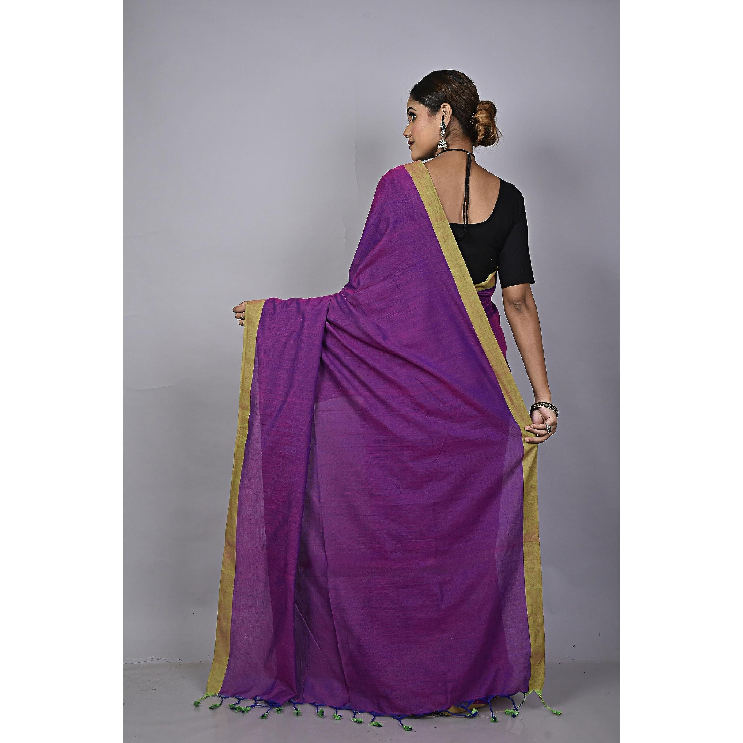 Laxmi Handloom Womens Traditional Bengal Handloom Dual Tone Pure Cotton Plain Saree (Purple (Violet))
