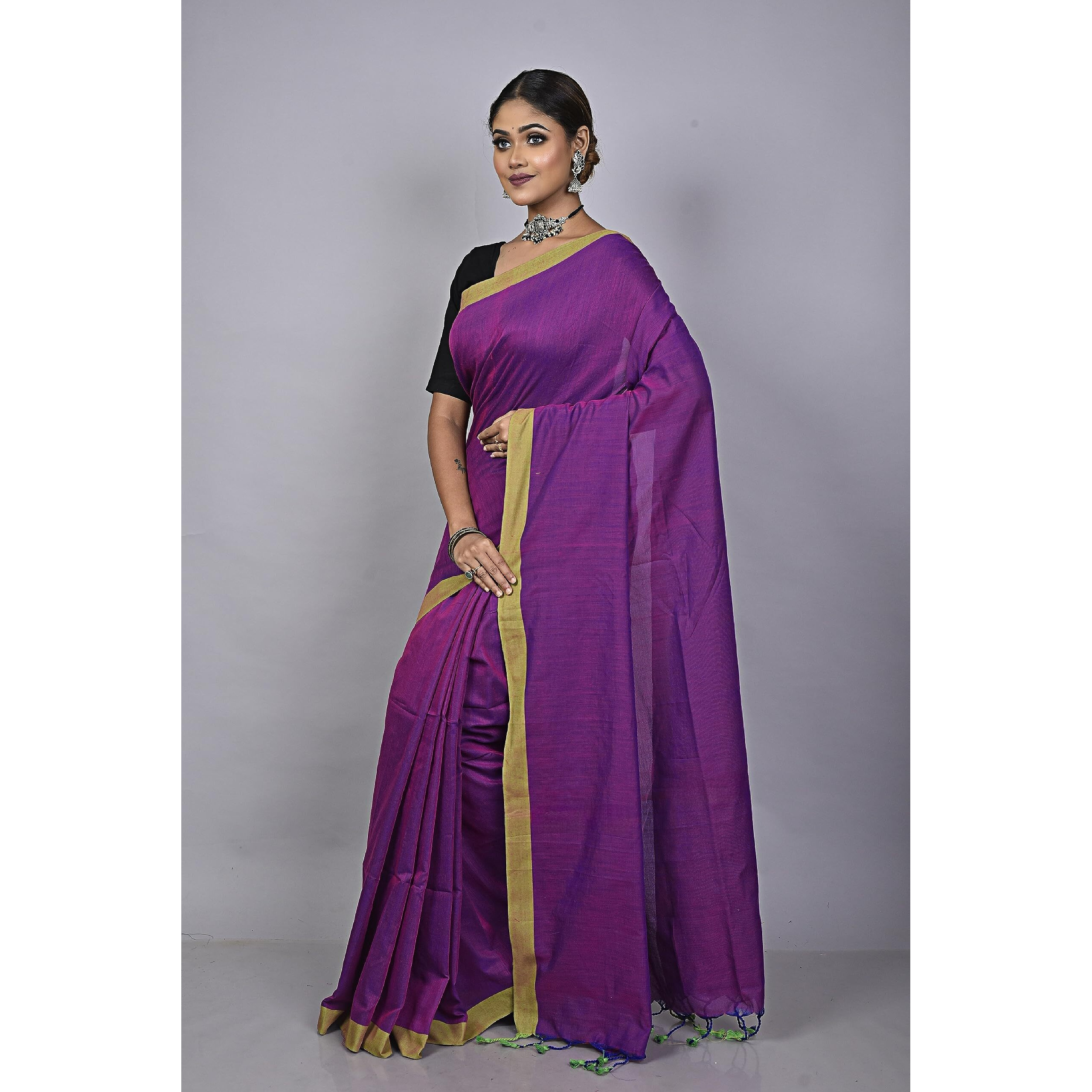Laxmi Handloom Womens Traditional Bengal Handloom Dual Tone Pure Cotton Plain Saree (Purple (Violet))