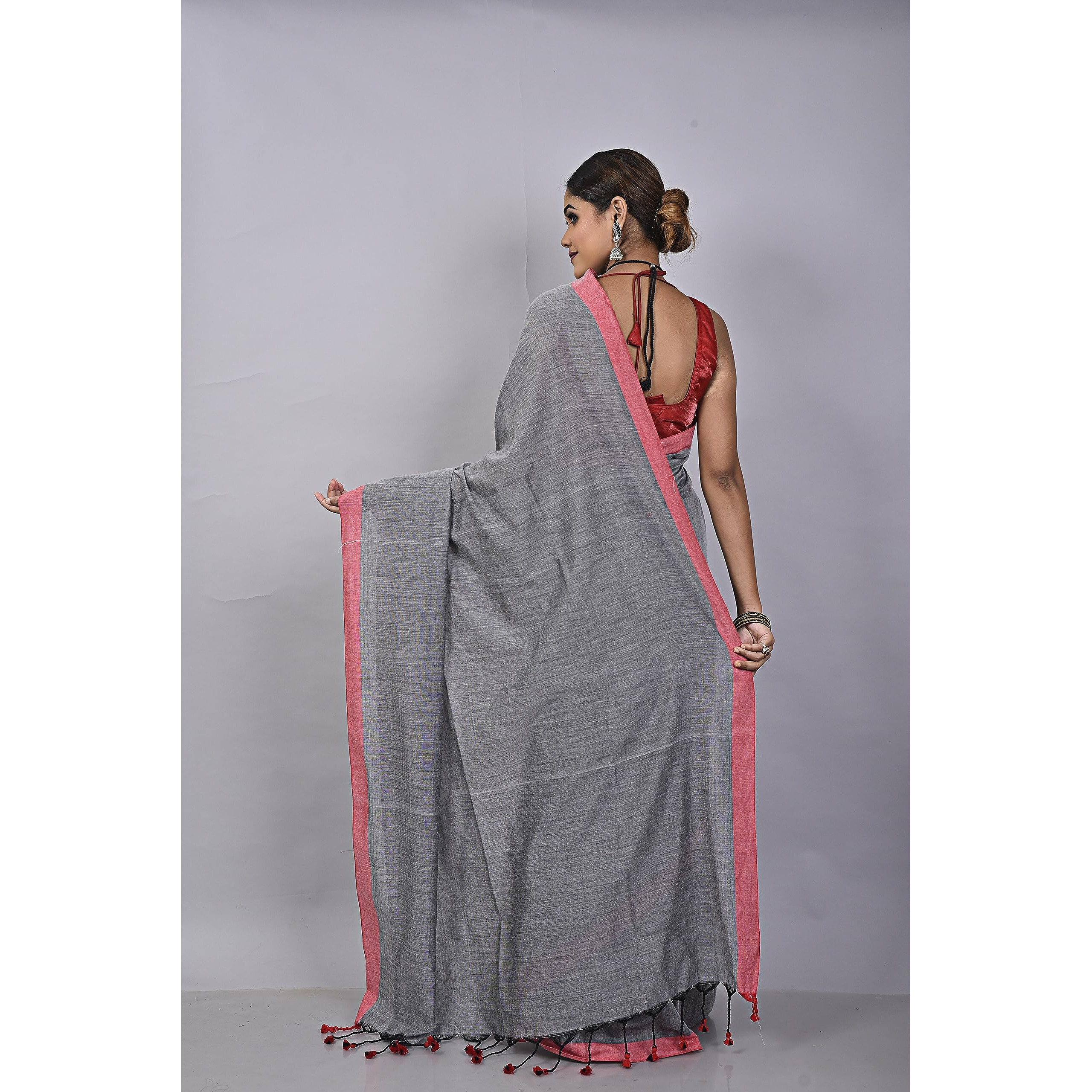 Laxmi Handloom Womens Traditional Bengal Handloom Pure Cotton Plain Saree (Grey & Red)
