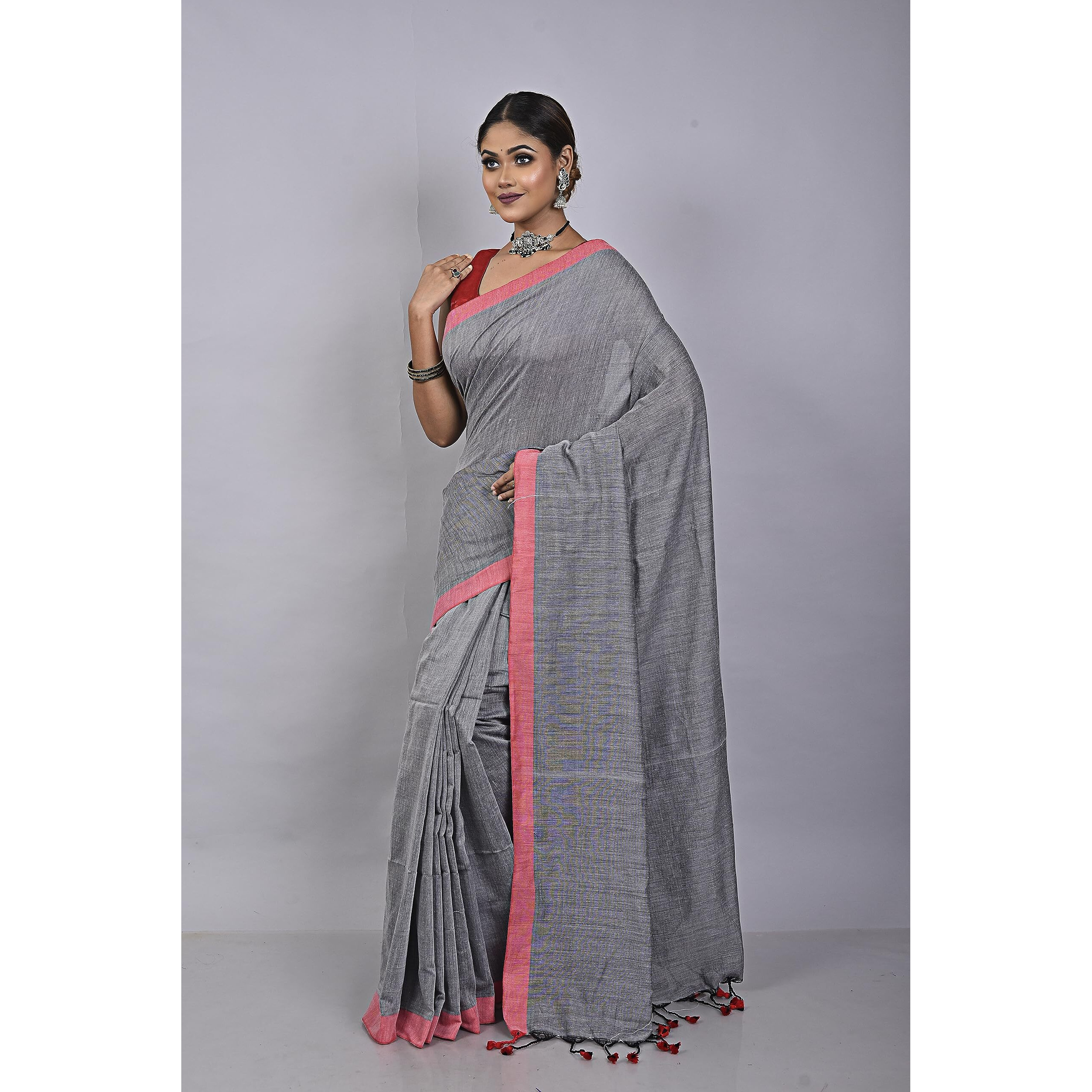Laxmi Handloom Womens Traditional Bengal Handloom Pure Cotton Plain Saree (Grey & Red)