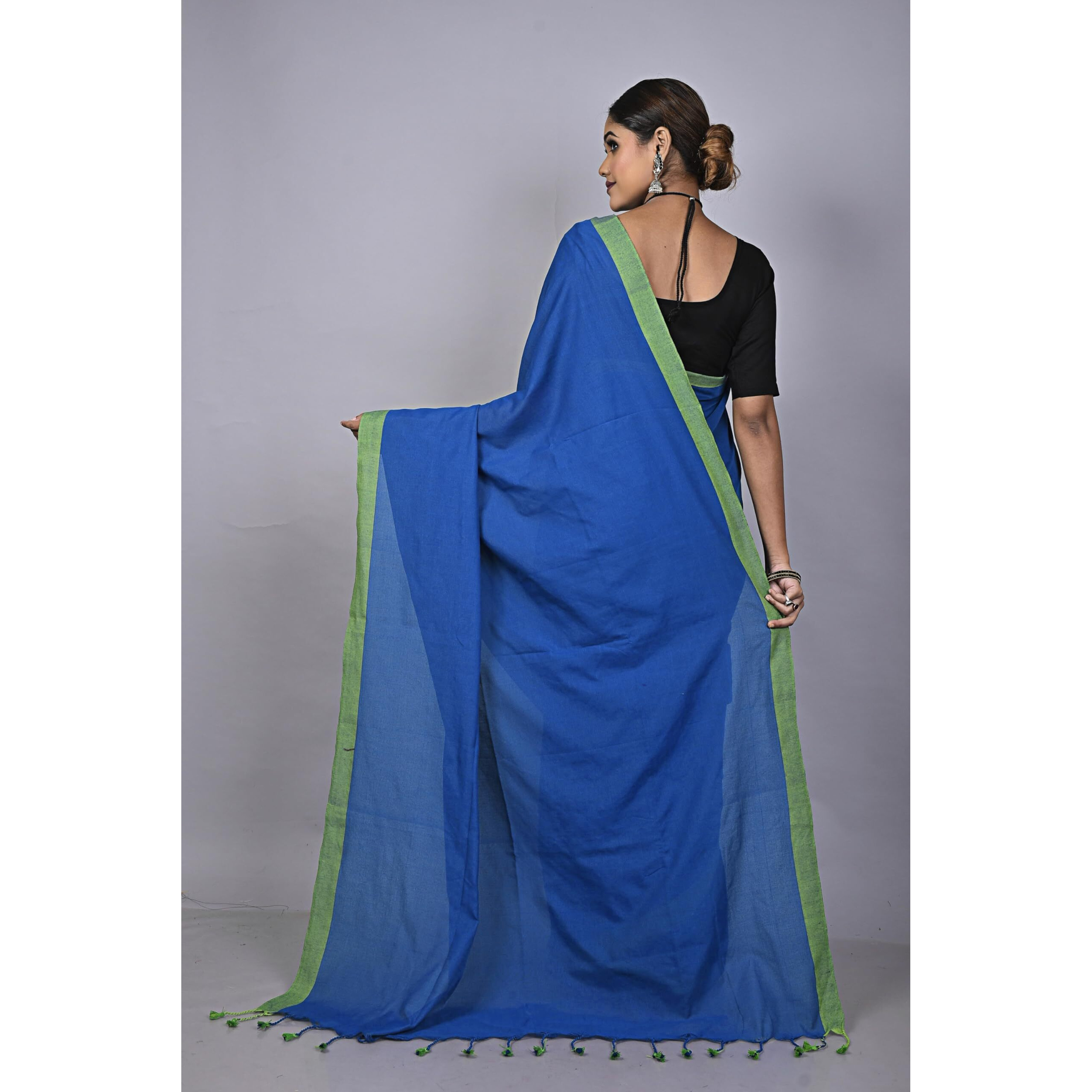 Laxmi Handloom Womens Traditional Bengal Handloom Pure Cotton Plain Saree (Peacock Blue)