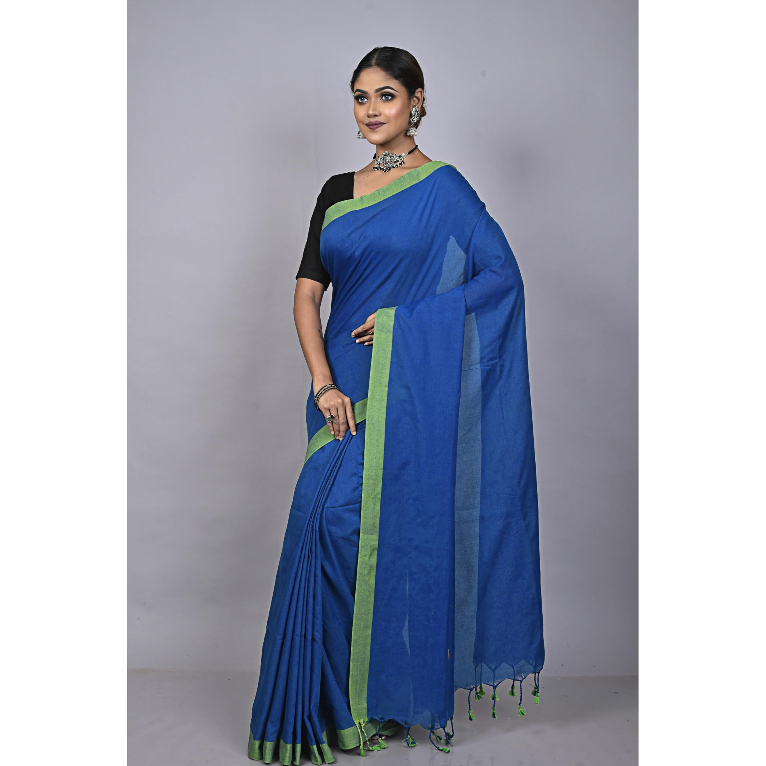 Laxmi Handloom Womens Traditional Bengal Handloom Pure Cotton Plain Saree (Peacock Blue)