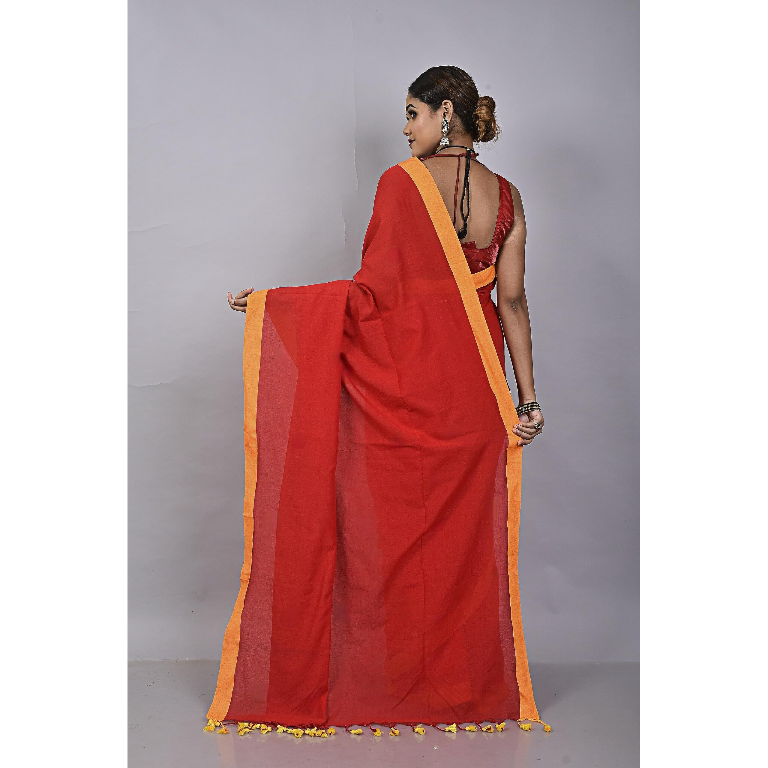 Laxmi Handloom Womens Traditional Bengal Handloom Pure Cotton Plain Saree (Red and Yellow)