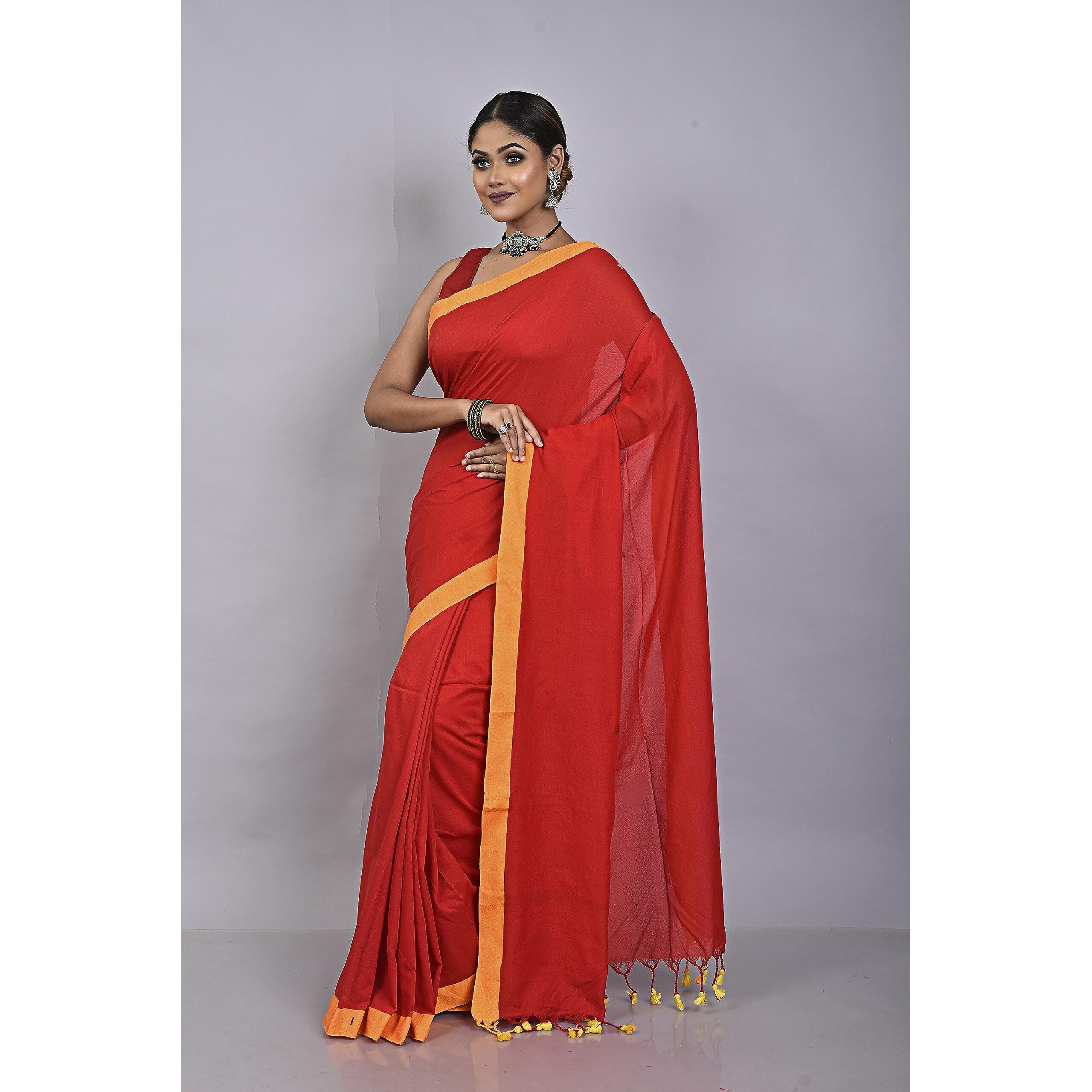 Laxmi Handloom Womens Traditional Bengal Handloom Pure Cotton Plain Saree (Red and Yellow)