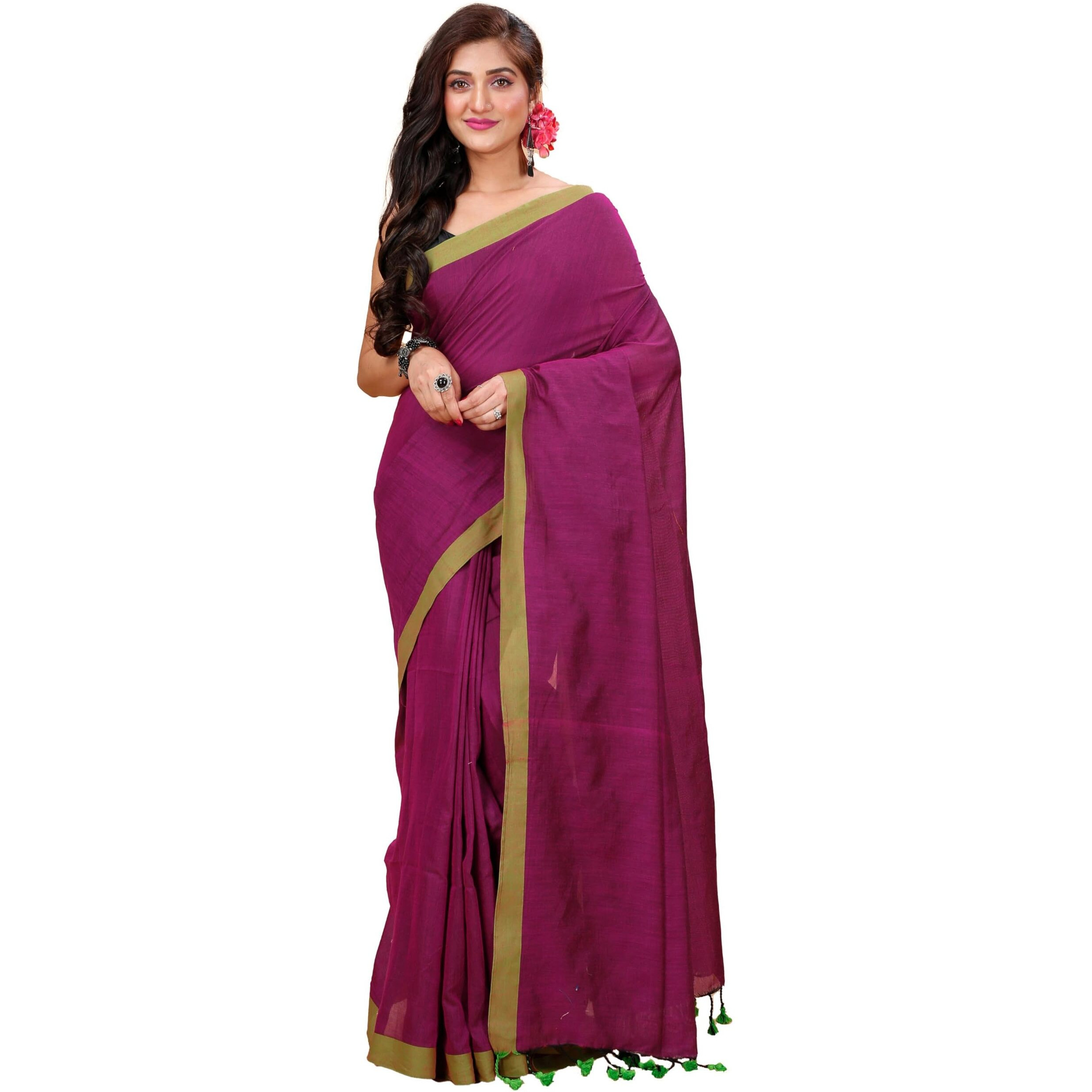Laxmi Handloom Womens Traditional Bengal Handloom Pure Cotton Plain Saree (Magenta Green)