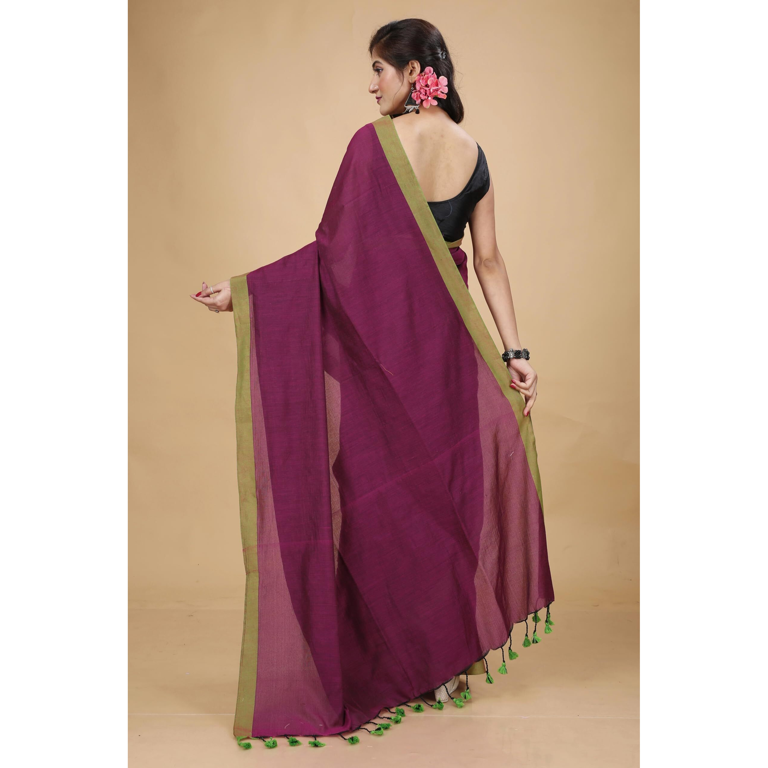 Laxmi Handloom Womens Traditional Bengal Handloom Pure Cotton Plain Saree (Magenta Green)