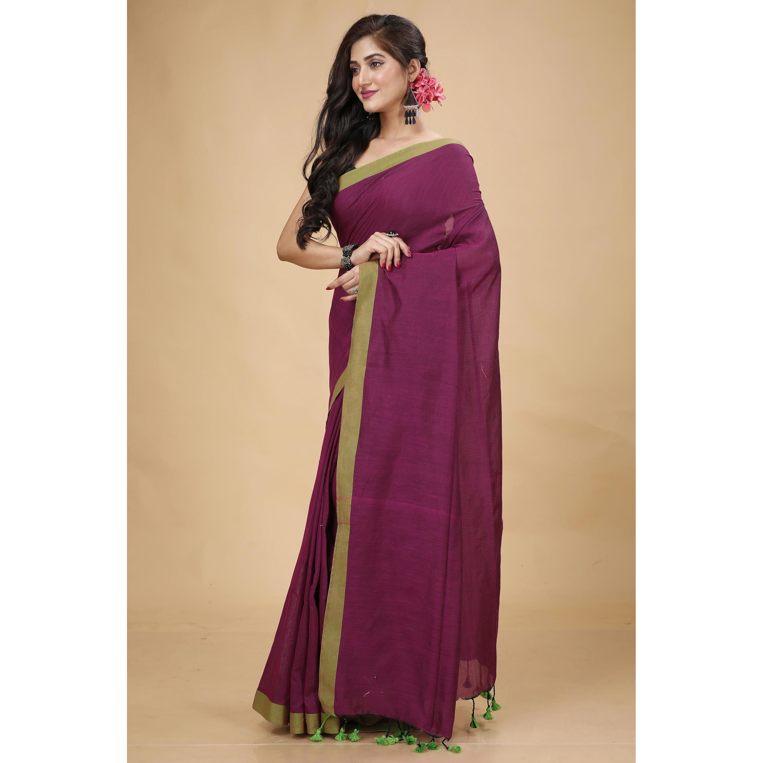 Laxmi Handloom Womens Traditional Bengal Handloom Pure Cotton Plain Saree (Magenta Green)