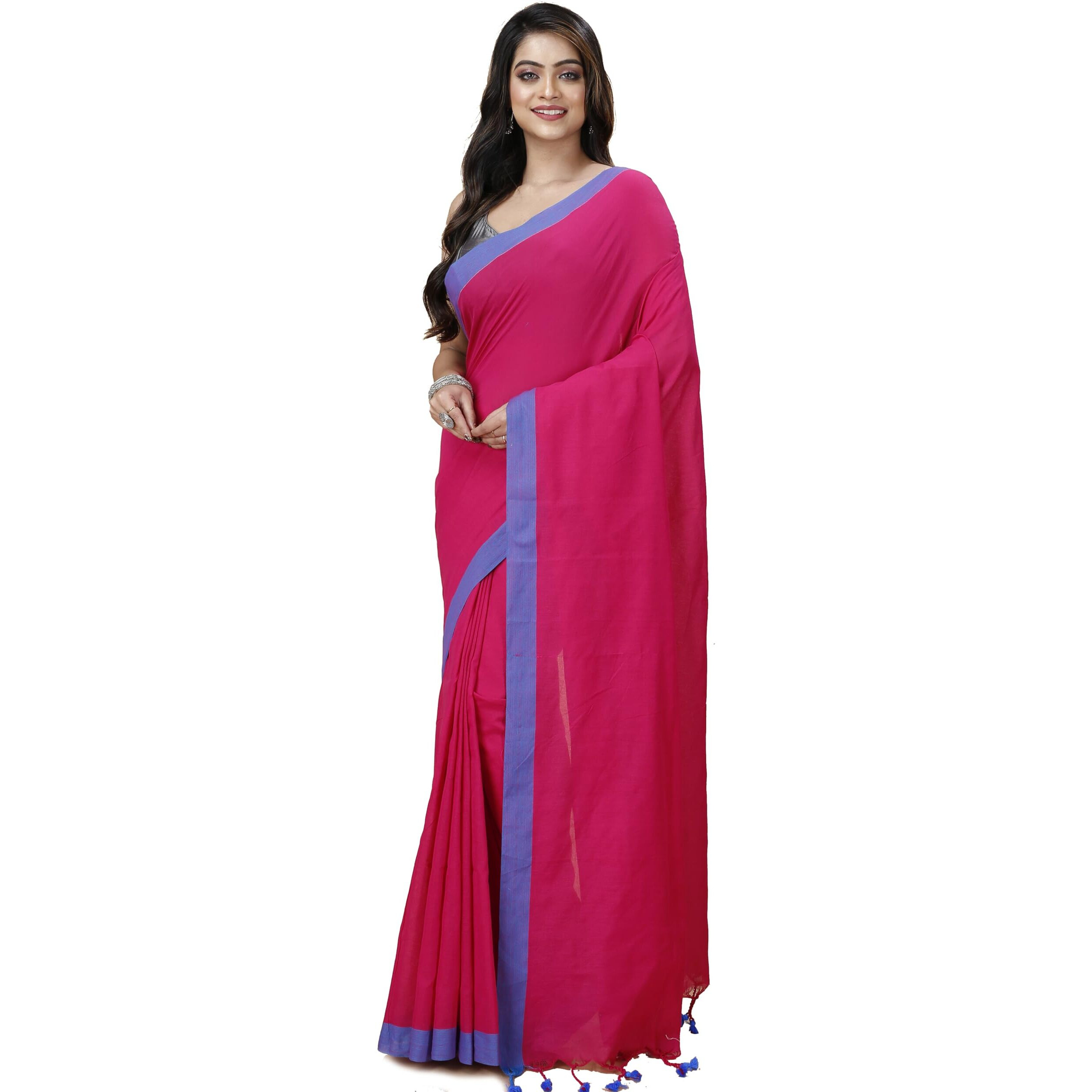Laxmi Handloom Womens Traditional Bengal Handloom Pure Cotton Plain Saree (Rani and Blue)