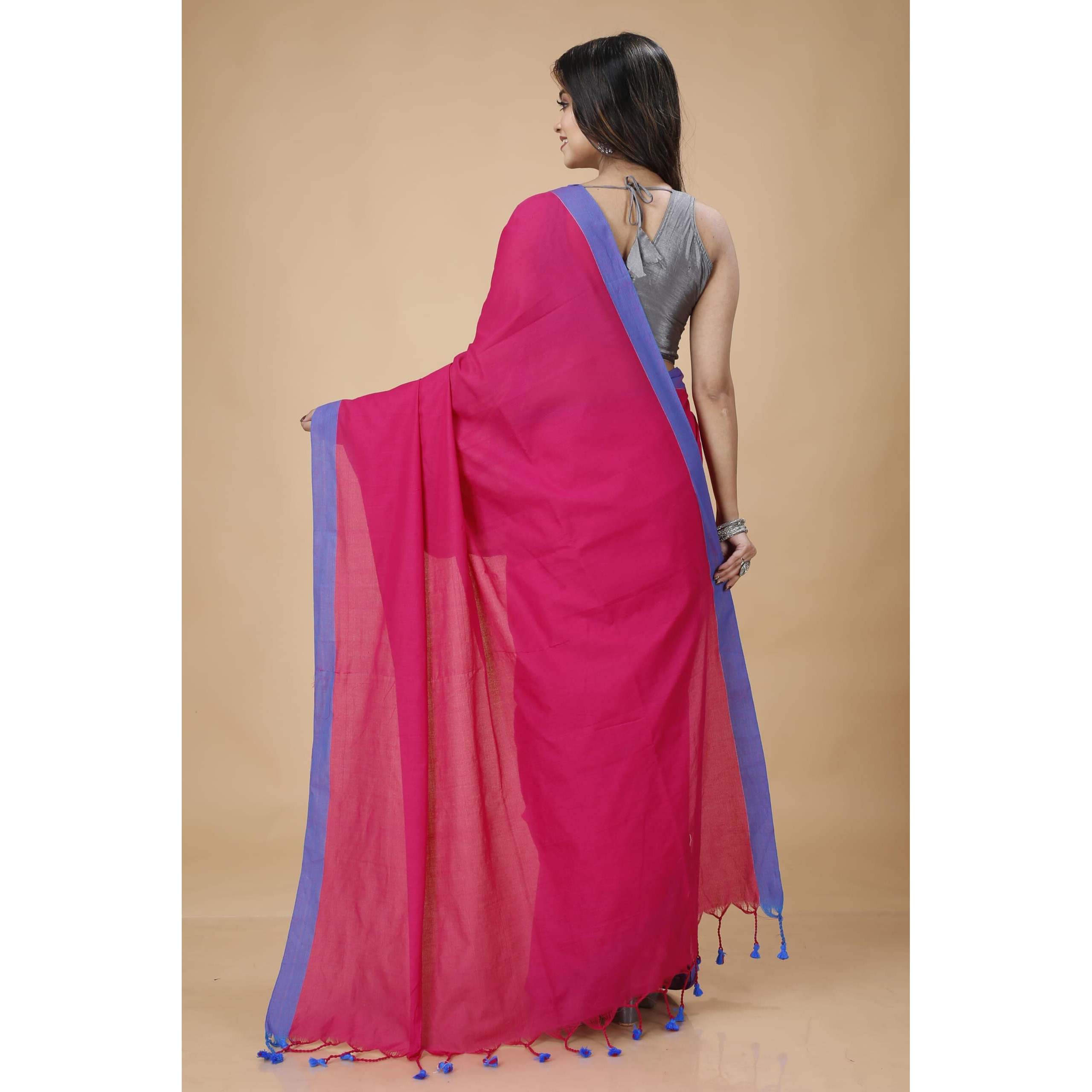 Laxmi Handloom Womens Traditional Bengal Handloom Pure Cotton Plain Saree (Rani and Blue)