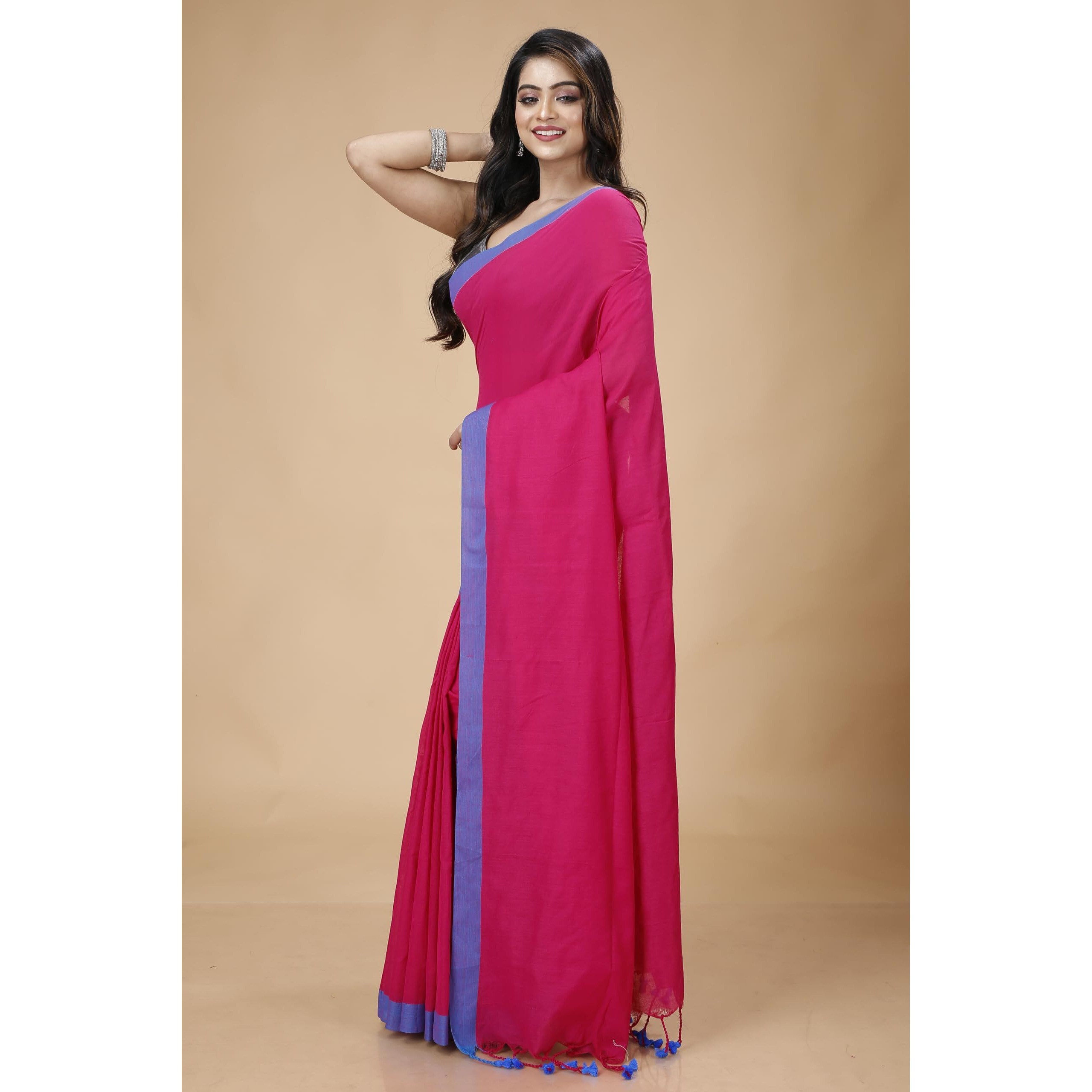 Laxmi Handloom Womens Traditional Bengal Handloom Pure Cotton Plain Saree (Rani and Blue)