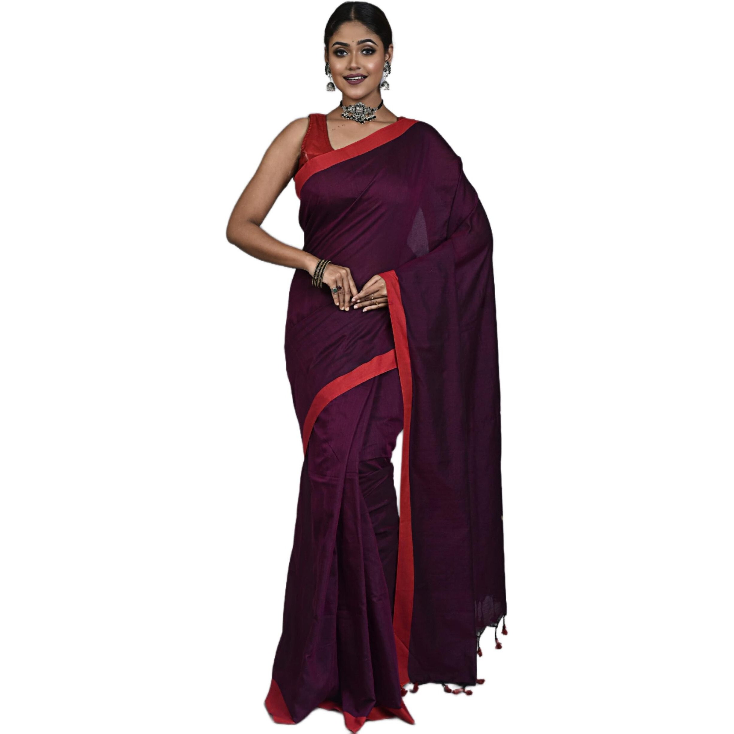 Laxmi Handloom Womens Traditional Bengal Handloom Pure Cotton Plain Saree (Magenta (Rani))