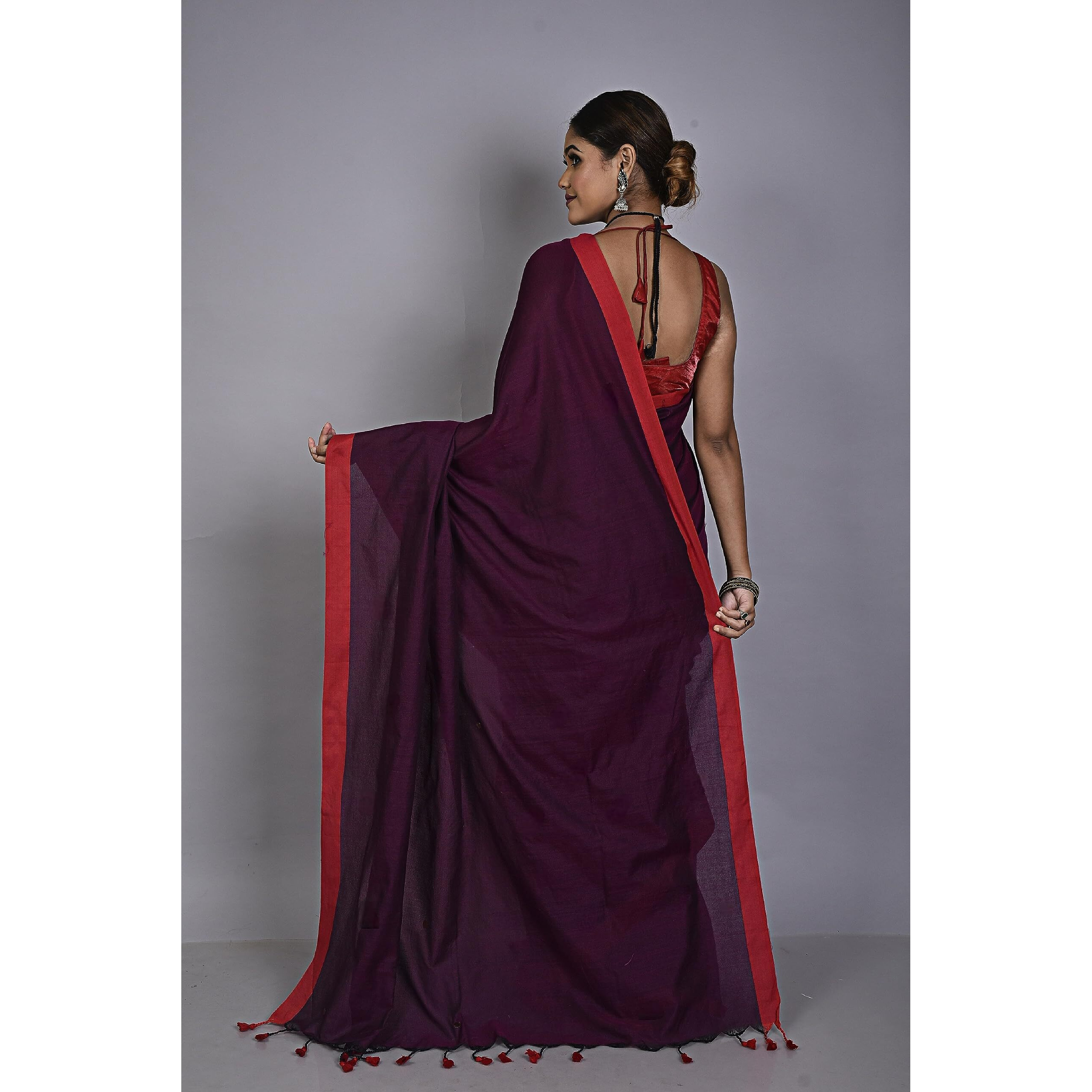 Laxmi Handloom Womens Traditional Bengal Handloom Pure Cotton Plain Saree (Magenta (Rani))