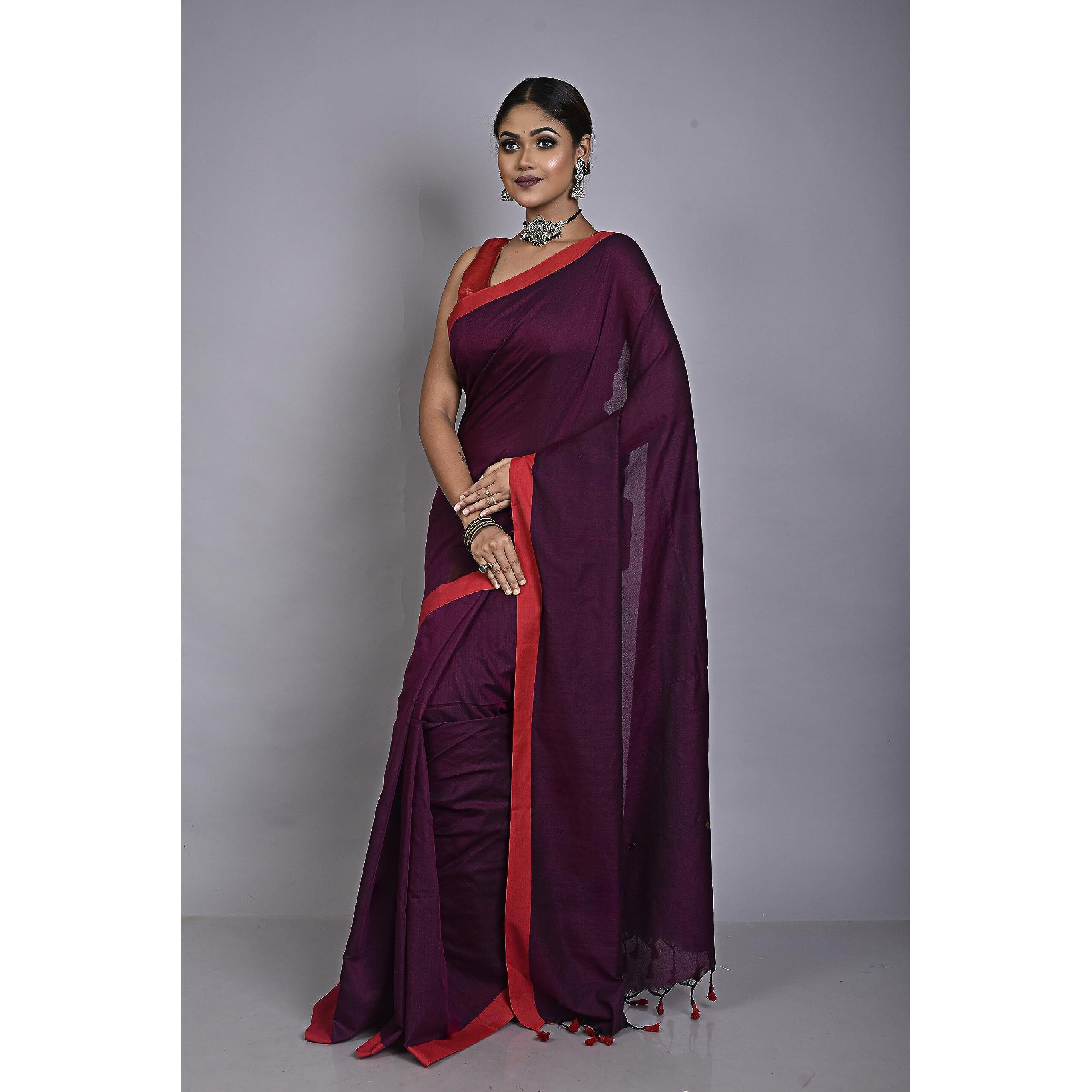 Laxmi Handloom Womens Traditional Bengal Handloom Pure Cotton Plain Saree (Magenta (Rani))
