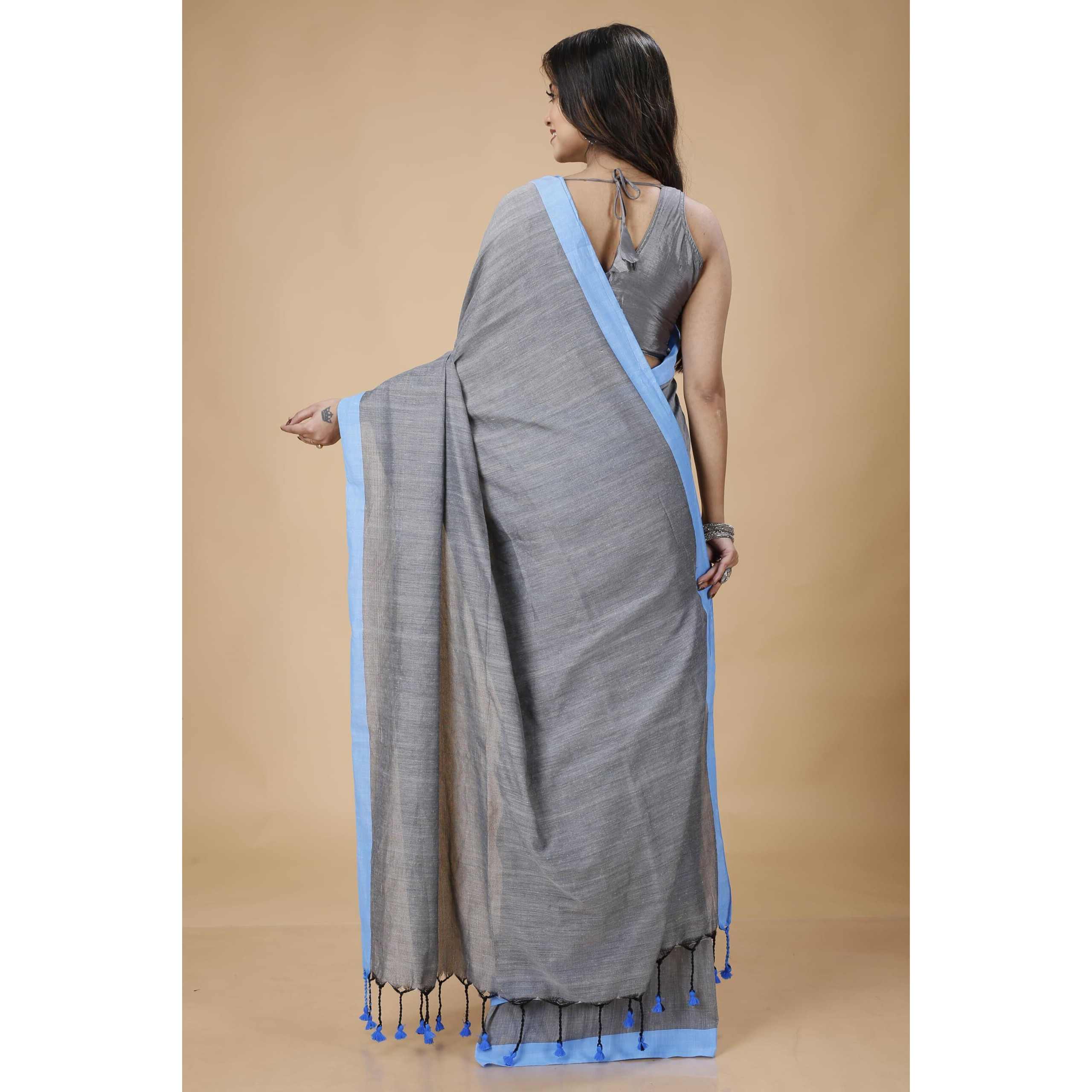 Laxmi Handloom Womens Traditional Bengal Handloom Pure Cotton Plain Saree (Grey and Sky)
