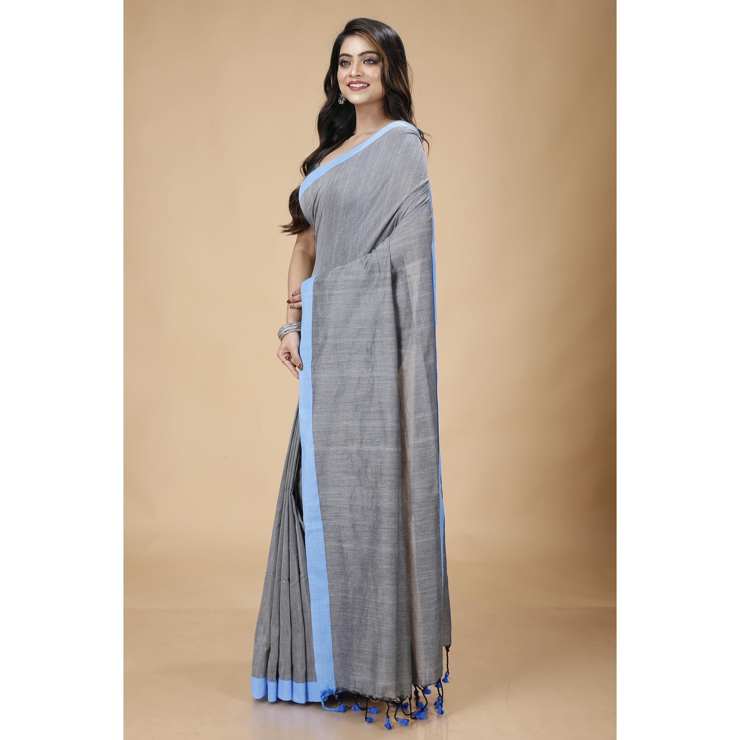 Laxmi Handloom Womens Traditional Bengal Handloom Pure Cotton Plain Saree (Grey and Sky)