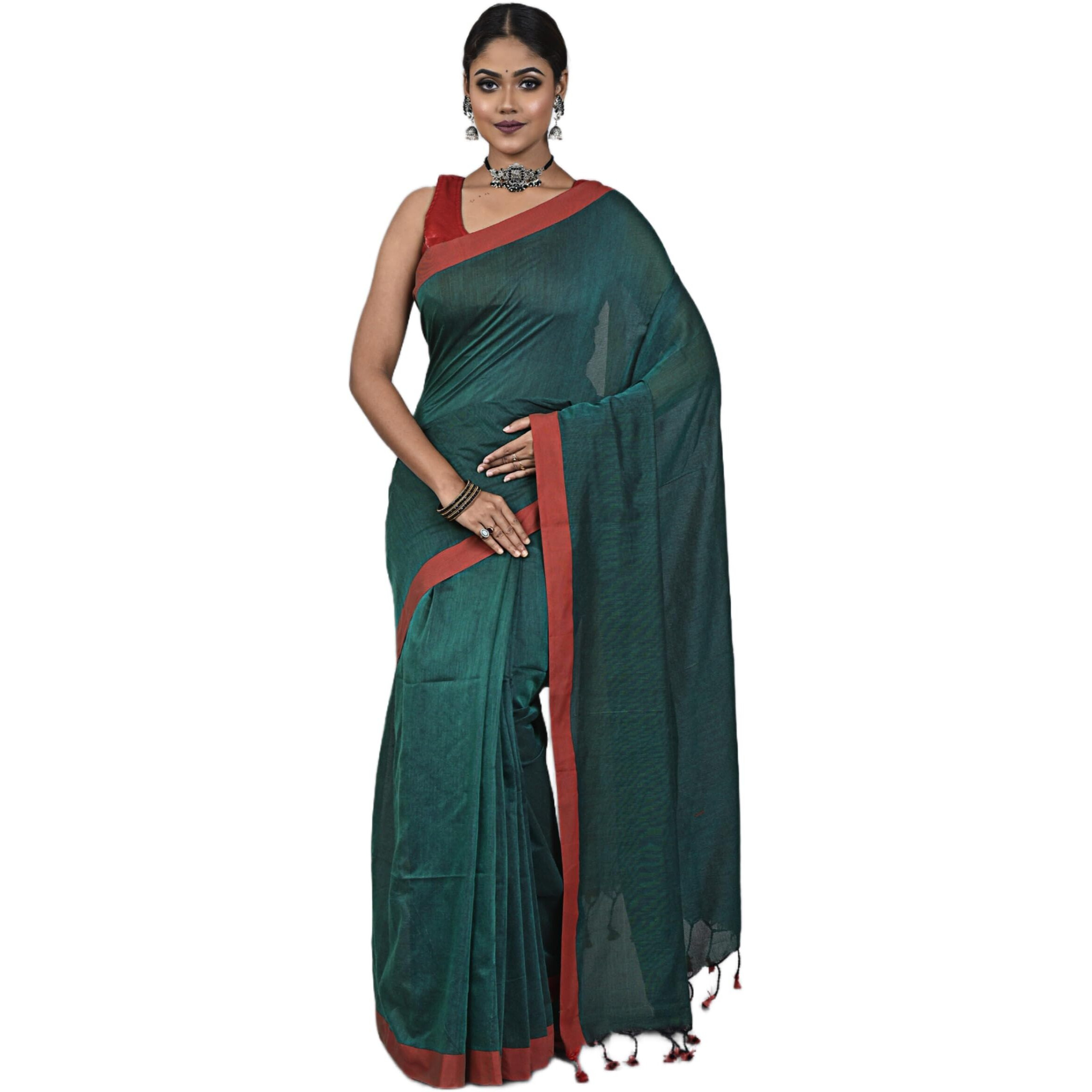 Laxmi Handloom Womens Traditional Bengal Handloom Pure Cotton Plain Saree (Deep Green)