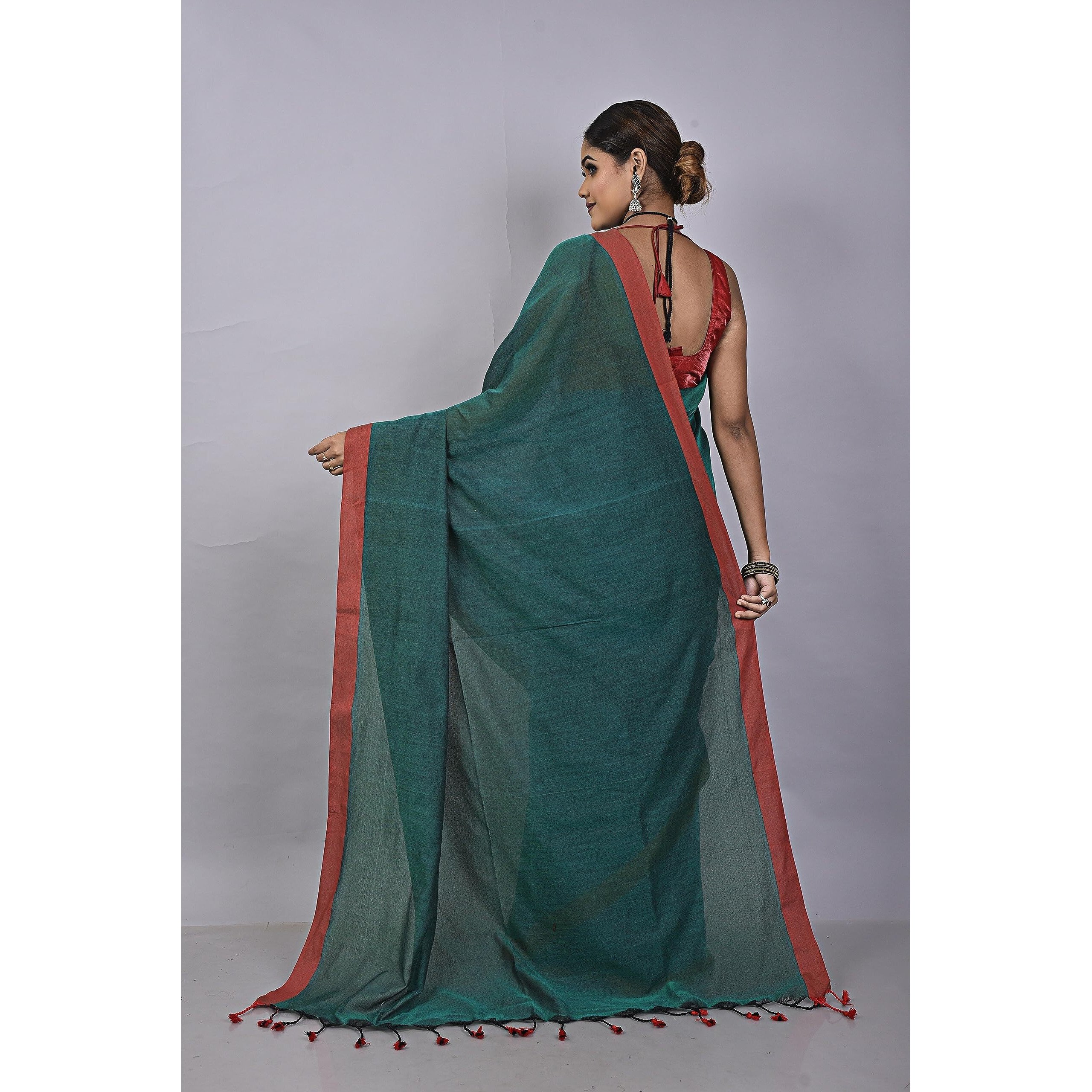 Laxmi Handloom Womens Traditional Bengal Handloom Pure Cotton Plain Saree (Deep Green)