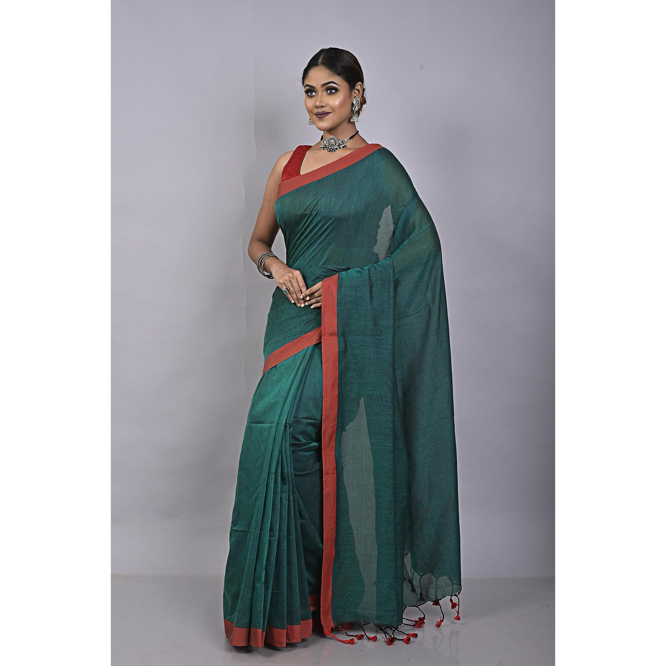 Laxmi Handloom Womens Traditional Bengal Handloom Pure Cotton Plain Saree (Deep Green)