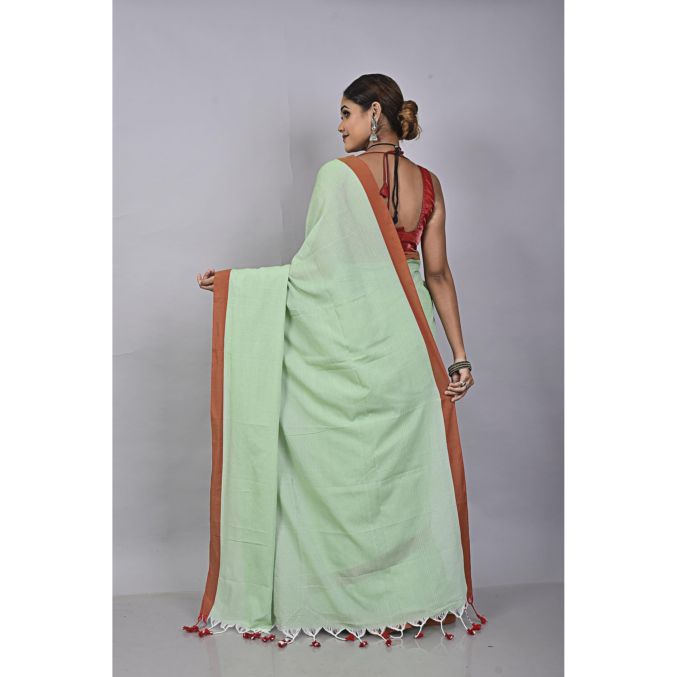 Laxmi Handloom Womens Traditional Bengal Handloom Pure Cotton Plain Saree (Light Green)