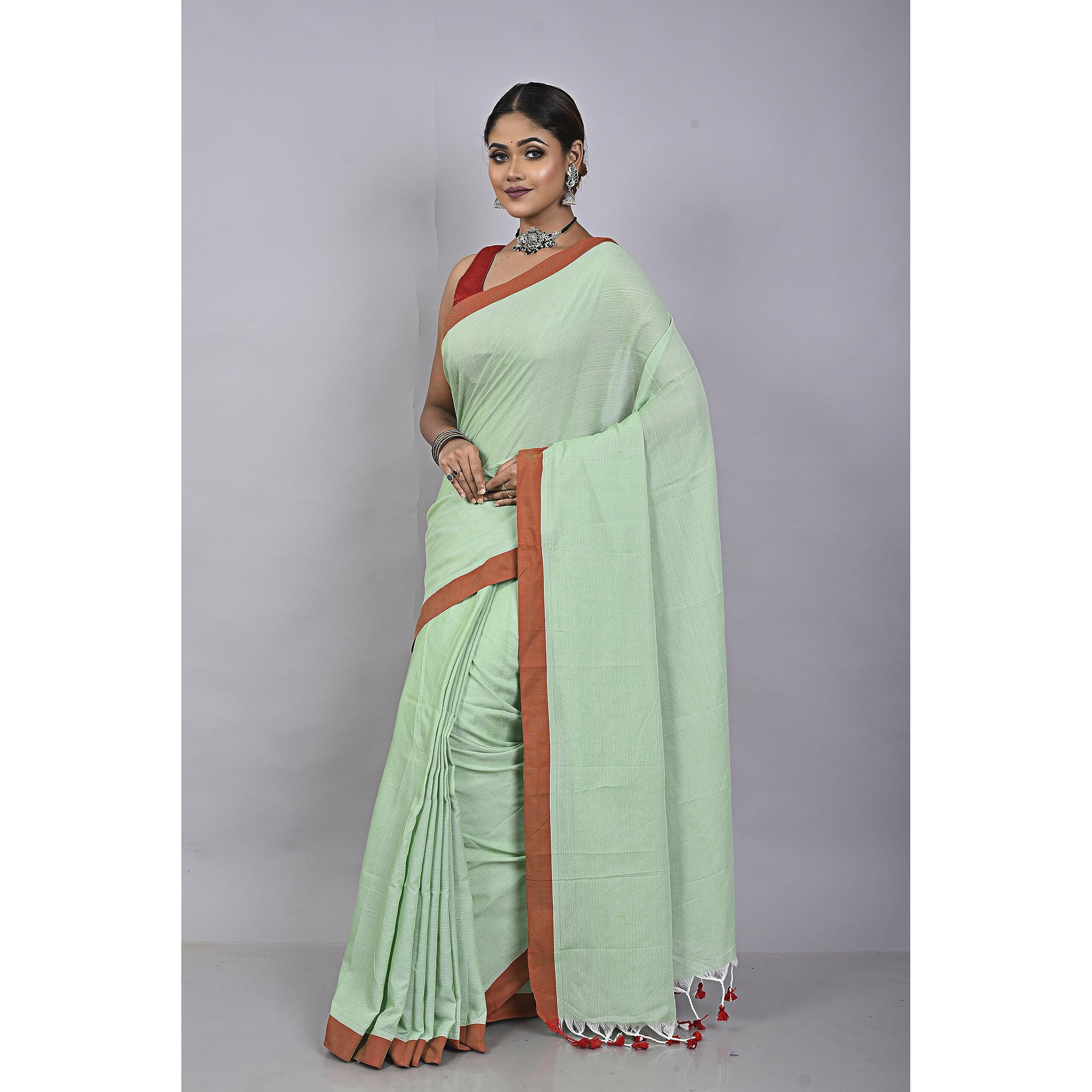 Laxmi Handloom Womens Traditional Bengal Handloom Pure Cotton Plain Saree (Light Green)