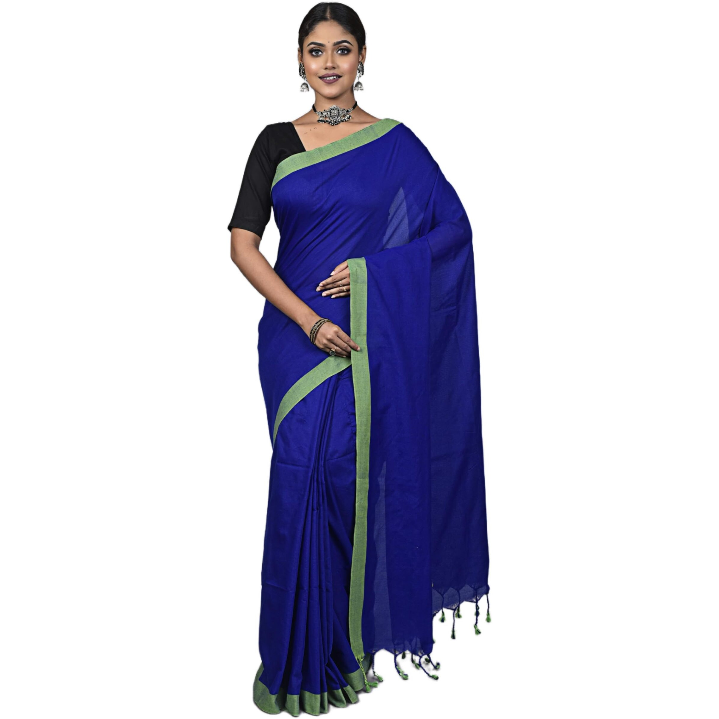 Laxmi Handloom Womens Traditional Bengal Handloom Pure Cotton Plain Saree (Blue & Green)