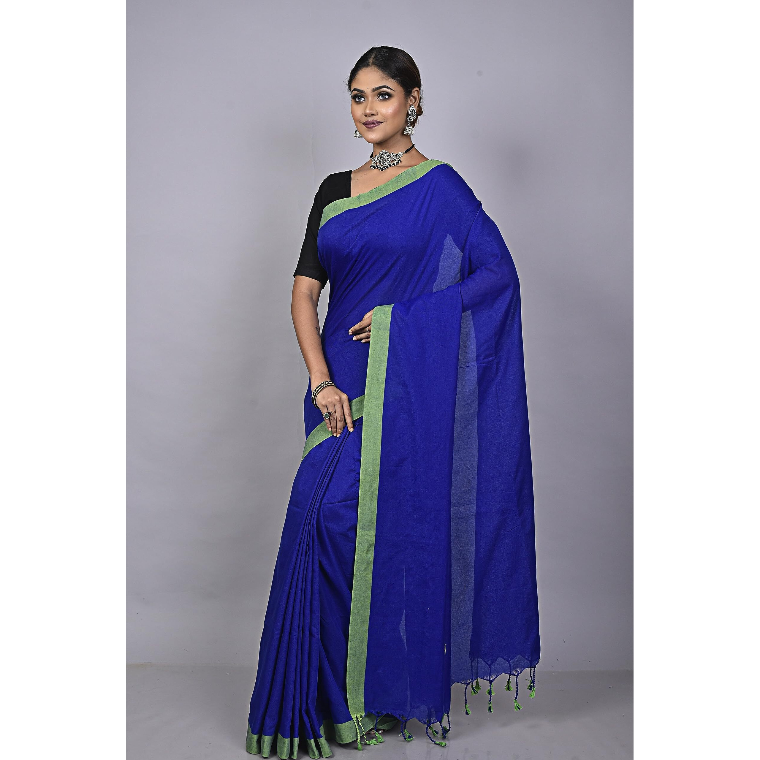 Laxmi Handloom Womens Traditional Bengal Handloom Pure Cotton Plain Saree (Blue & Green)
