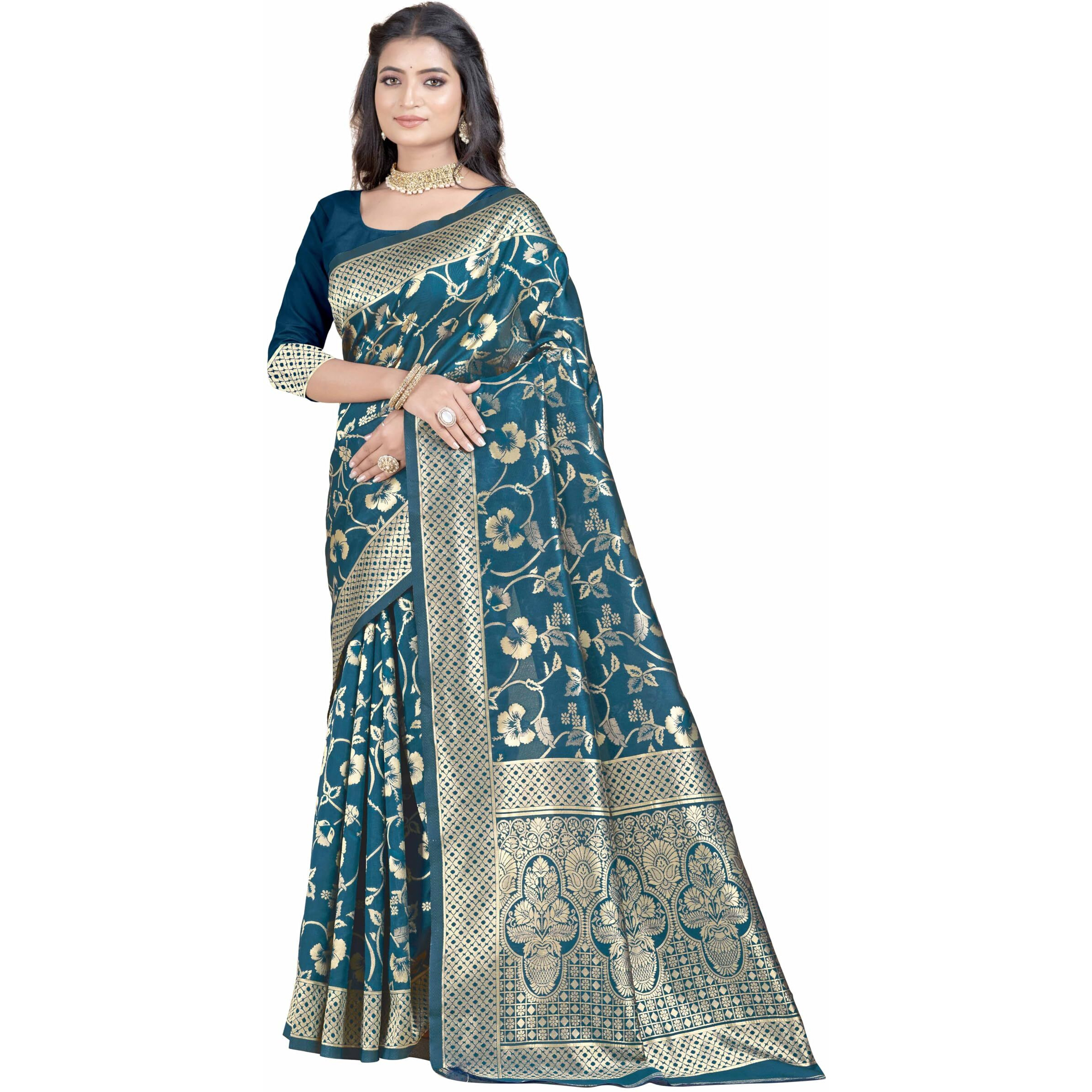 Sugathari Womens Banarasi Saree Pure Kanjivaram Silk Saree Soft new ladies 2023 Design Wear Pattu Sarees Latest Party Sari collections With Blouse Piece for Wedding sadi (SAN PARI-187 AIRFORCE)