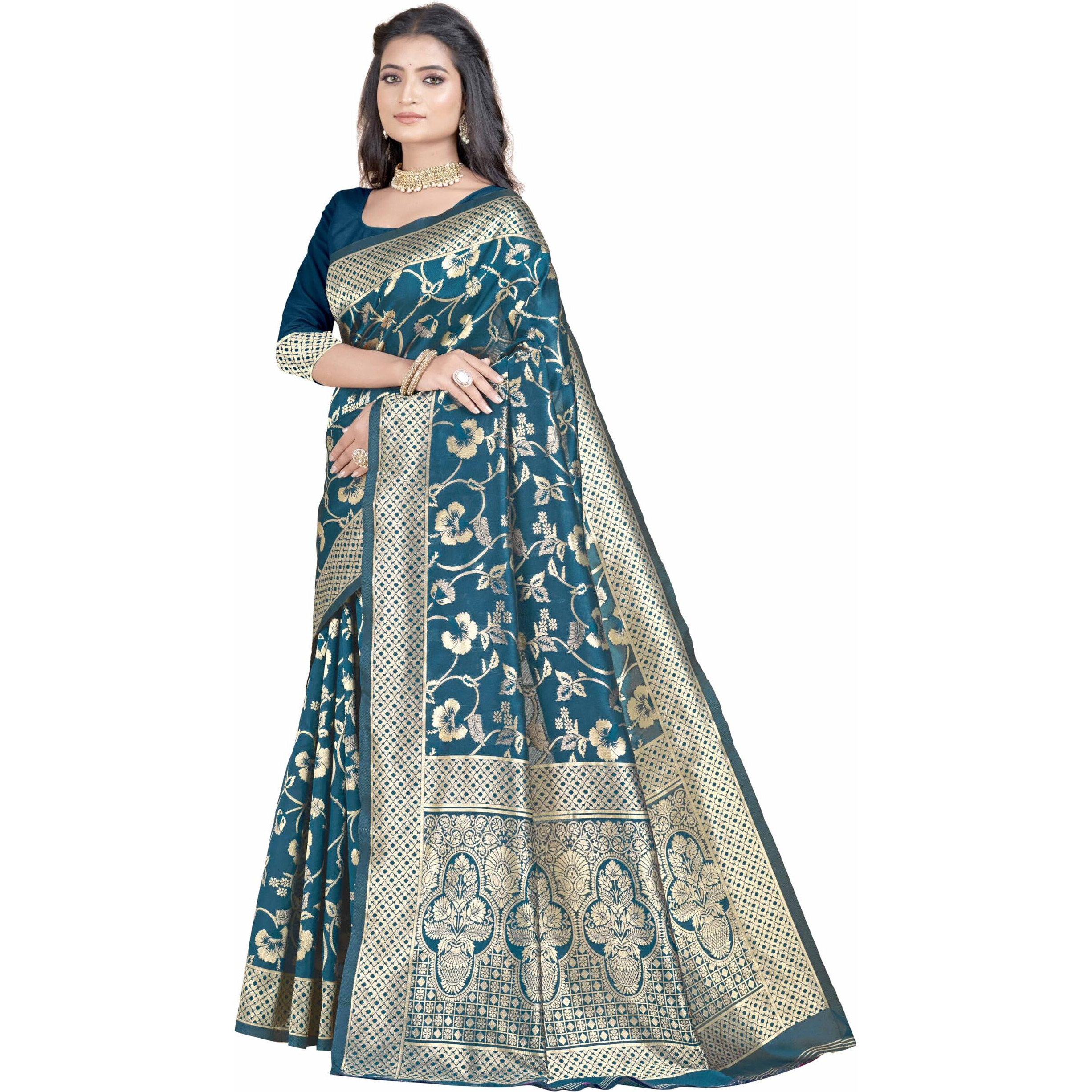 Sugathari Womens Banarasi Saree Pure Kanjivaram Silk Saree Soft new ladies 2023 Design Wear Pattu Sarees Latest Party Sari collections With Blouse Piece for Wedding sadi (SAN PARI-187 AIRFORCE)